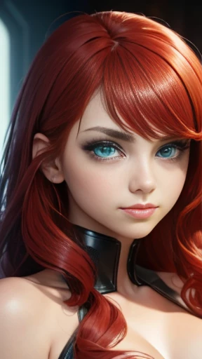 ((master piece)), ((best quality)), ((cyberpunk lighting)), Close up of a girl, (white skin of European people, big eyes, round eyes, (emerald green eyes),((( light red hair))), long curly hair, showing the bust, (apparent neckline), perfect skin, perfect face, (sarcastic smile), irony, (bare neck), (bare shoulders) vengeful expression.). She is known as Vendettendetta is her name), genetically created to be a secret agent, decided to rebel, and lives to hunt her creators.