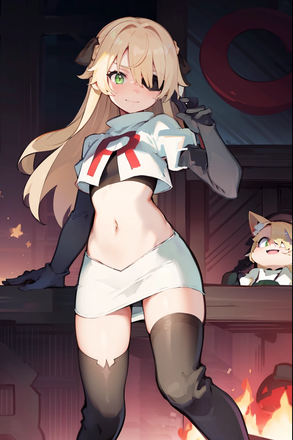 absurdres, fischl (dunkelnacht sakrament) (genshin impact), green eyes, (white pupils:1.2), fischl (genshin impact), medium_breasts, blonde hair, eyepatch, long hair, hair over one eye, bangs, hair ribbon, small breasts, 1girl, team rocket,team rocket uniform,white skirt,red letter R,crop top,black thigh-high boots,black elbow gloves, smile, show teeth