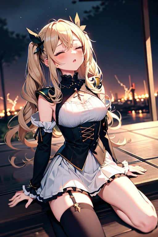 full body, 1girl, big breast BREAK black gothic lolita clothes, cross necklace, shoulder pad, armor, sword, blonde curly hair, twintail, hair bow, tottering, tilt head, blow off, closed eyes, screaming, :o, (fluttering skirt, white panty:1.3), torn clothes, scenery, lightning, dark atmosphere, headback