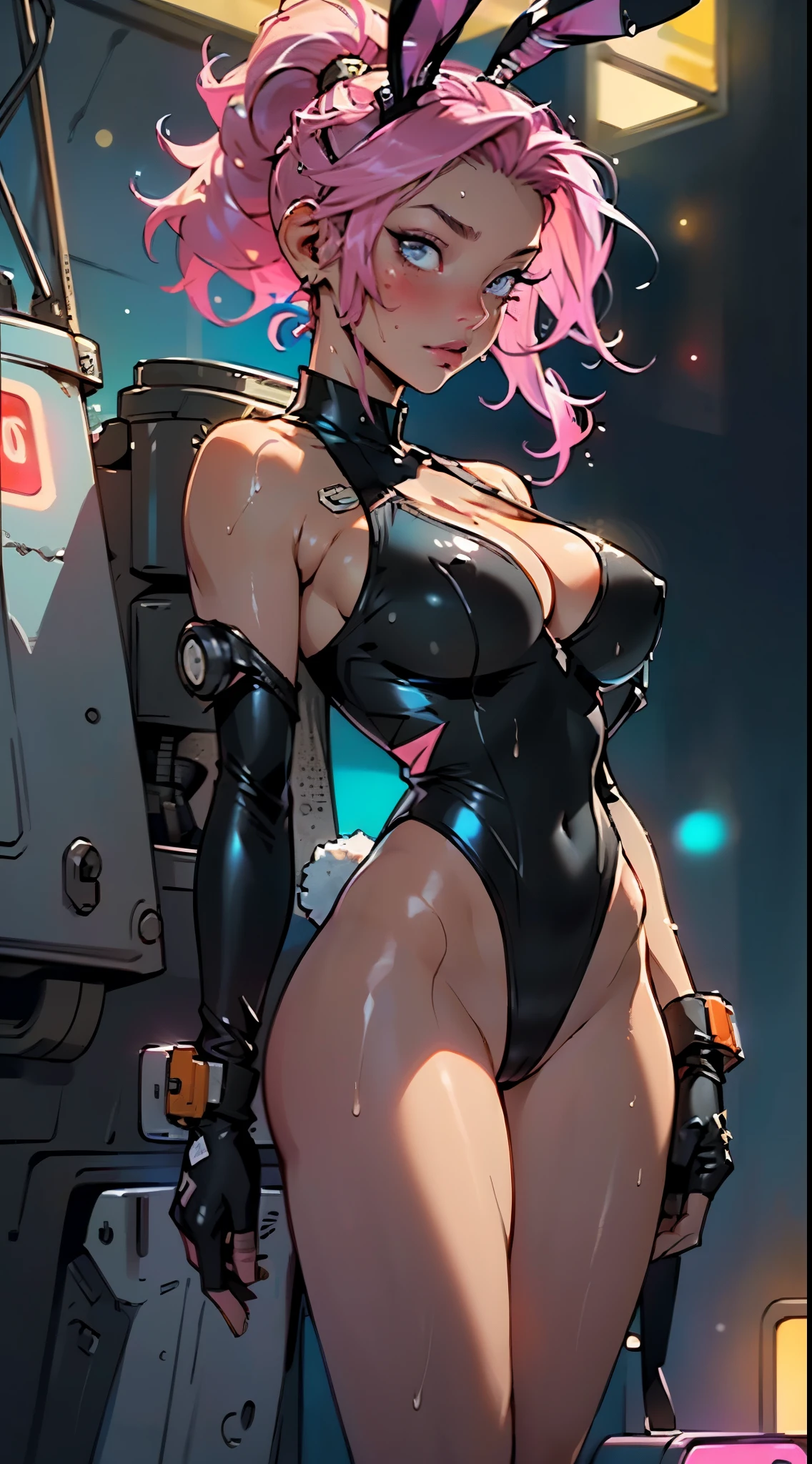 cute bunny girl,(((1girl))),((muscle bunny girl with extremely cute and beautiful magenta hair)),(((bunny girl:1.5,anthro furry cute,bunny-girl))),(((bunny ears:1.5,bunny ears on head:1.5,big bunny ears:1.5))),
(large breasts:1.4),saggy breasts,(((magenta hair:1.35,colored inner hair,ear breathing,ponytail hair))),((heterochromia:1.5, (pink_eye and yellow_eye))),intricate eyes,beautiful detailed eyes,symmetrical eyes,((fat)),(((lustrous skin:1.5,bright skin: 1.5,skin tanned,shiny skin,very shiny skin,shiny body,plastic glitter skin,exaggerated shiny skin,illuminated skin,wet legs))),(spider lower abdomen,narrow waist,wide hip,athletic body,inflated legs, thick thighs,delicate detailed fingers,detailed body,human hands,(detailed face)),muscular,muscular girl,(ABS:1.1),
cute,slutty,seductive,erotic,(((nsfw))),
zettai ryouiki,((slingshot swimsuit black,wearing a slingshot swimsuit outfit:1.3,swimsuit type spacesuit,black armor swimsuit:1.3)),(((huge cleavage))),((wet clothes,intricate outfit,intricate clothes)),
(dynamic pose:1.0),solo focus,embarrassed,(centered,scale to fit dimensions,Rule of thirds),
cyberpunk city by the ocean at night, with bright neon signs and dark stormy clouds and puddles, scenery:1.25,nighttime, starry night, cosmos,Very dark night that makes the neon lights stand out, very bright neon lights,nighttime, starry night, cosmos,
highres, sharp focus, (ultra detailed, extremely detailed), (photorealistic artwork:1.37),(extremely detailed CG unity 8k wallpaper),((synthwave background theme)),(((vibrant colors))),(intricate background),(masterpiece),(best quality),