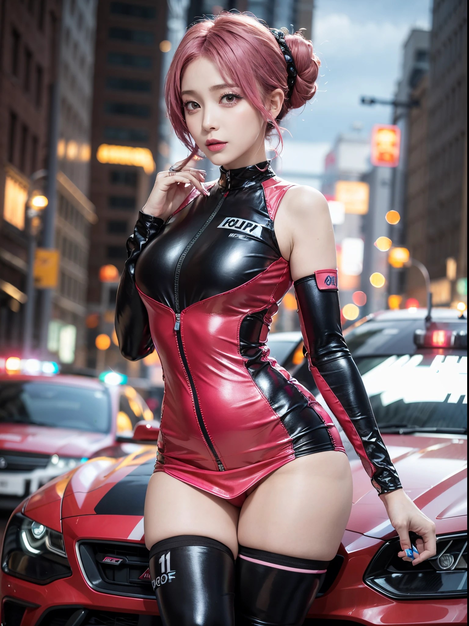 Top Quality, Ultra High Definition, (Photorealistic: 1.4), (Pink updo Hair: 1.3), 1 Girl, (Kpop Idol), Watch Audience, Detailed Face, Contrapposto, , Perfect Anatomy, Cityscape, Professional Lighting, Futuristic Fashion, Police costume like Streetwear, High-tech Fabric, Racing Suit, elbow and knee pads, racing gloves, Police uniform, sports cop car background, pits, skinny miniskirts, POLICE, pink hair,