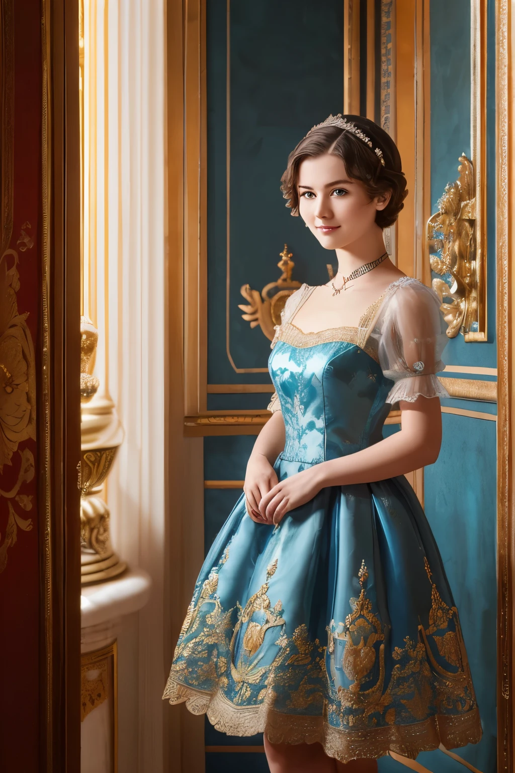 A woman in a blue dress standing in a room - SeaArt AI