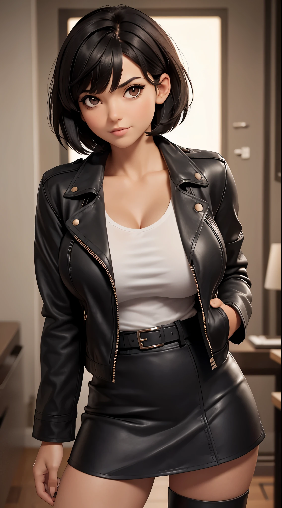 College woman; young; Tall and slender busty woman with wide hips; hourglass figure; Black, shoulder-length hair; brown eyes; soft features; girl-next-door look; overconfident; reckless; best quality; trending on artstation; complex volumetric lighting; strong shadows; artistic lighting; dynamic; energetic vibe; realistic skin; specular highlights; micro-textures; highly detailed hair; wearing a revealing white shirt, a black jacket, black shorts, and black boots; POV; upper-body shot