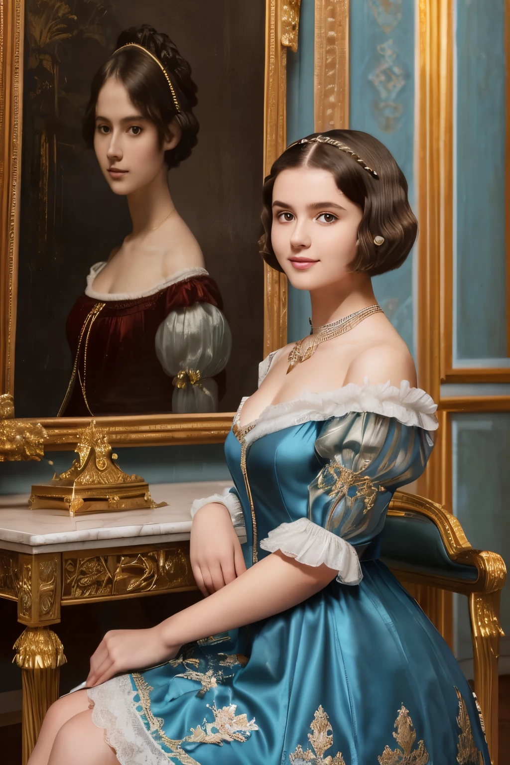 142
(a 20 yo woman,in the palace), (A hyper-realistic), (high-level image quality), ((beautiful hairstyle 46)), ((short-hair:1.46)), (kindly smile), (breasted:1.1), (lipsticks), (wearing a blue dress), (murky,wide,Luxurious room), (florals), (an oil painting、Rembrandt)