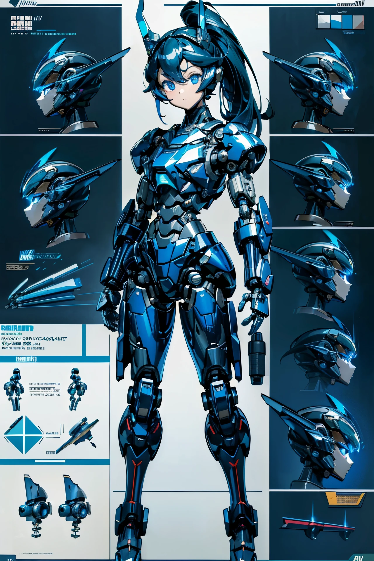 (((masterpiece))), (((Best Quality))), (((high quality))), (((beautiful))), (((8K))), (((highres))), (((absurdres))), (((exquisite))), (((Ultra high definition))), (((High resolution))) robot, (toddler:1.4), (Highly detailed and extremely complex mechanics:1.3), (extra large head:1.5), (darkblue hair), (Super long dark blue sideburns), (dark blue long ponytail), (Very small blue eyes:1.4), (Super drooping eyes:1.4), (Highly detailed eye depiction), (overweight), (super short legs), (Streamlined body with navy blue tone), navy blue pilot suit, navy blue tight-fitting clothes, navy blue shoulder cover clothes, navy blue shiny clothes, navy blue tight fit pants, Navy thigh cover pants, (Machine body:1.4), (Mechanical joints:1.4), (An extremely complex machine visible through its joints:1.4), mecha musume, Mechanical parts, Robot joints, Headgear, (Variety of facial expressions:1.4), (Reference Sheet:1.5), (Infographic:1.5)