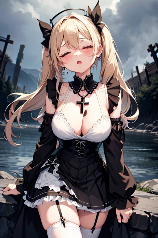 full body, 1girl, big breast BREAK black gothic ta clothes, cross necklace, shoulder pad, armor, sword, blonde curly hair, twintail, hair bow, tottering, tilt head, blow off, closed eyes, screaming, :o, (fluttering skirt, white panty:1.3), torn clothes, scenery, lightning, dark atmosphere, headback