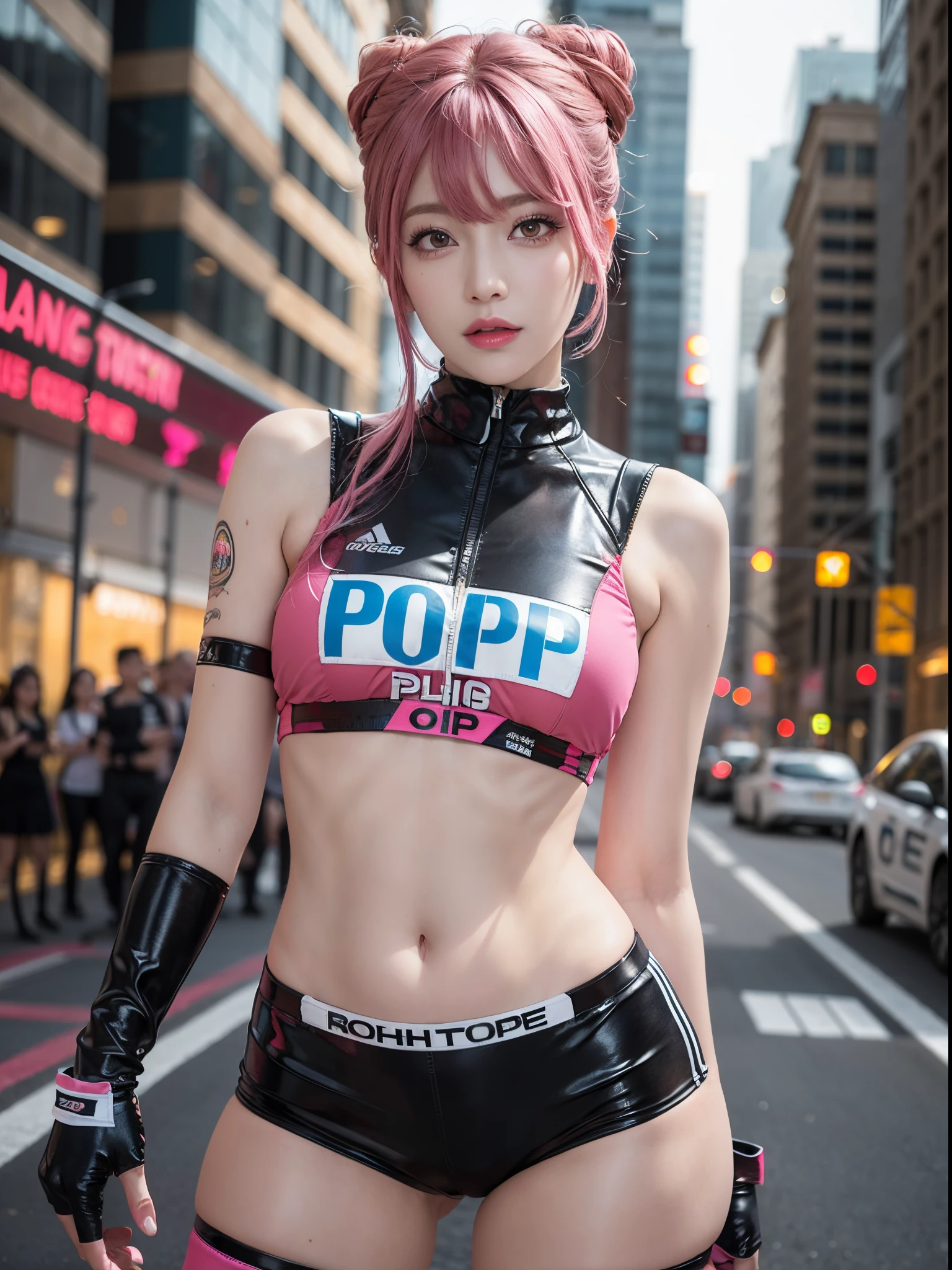 Top Quality, Ultra High Definition, (Photorealistic: 1.4), (Pink updo Hair: 1.3), 1 Girl, (Kpop Idol), Watch Audience, Detailed Face, Contrapposto, , Perfect Anatomy, Cityscape, Professional Lighting, Futuristic Fashion, Cop costume like Streetwear, High-tech Fabric, Racing Suit, elbow and knee pads, racing gloves, cop uniform, sports car background, pits, skinny miniskirts, belly button, pink hair,
