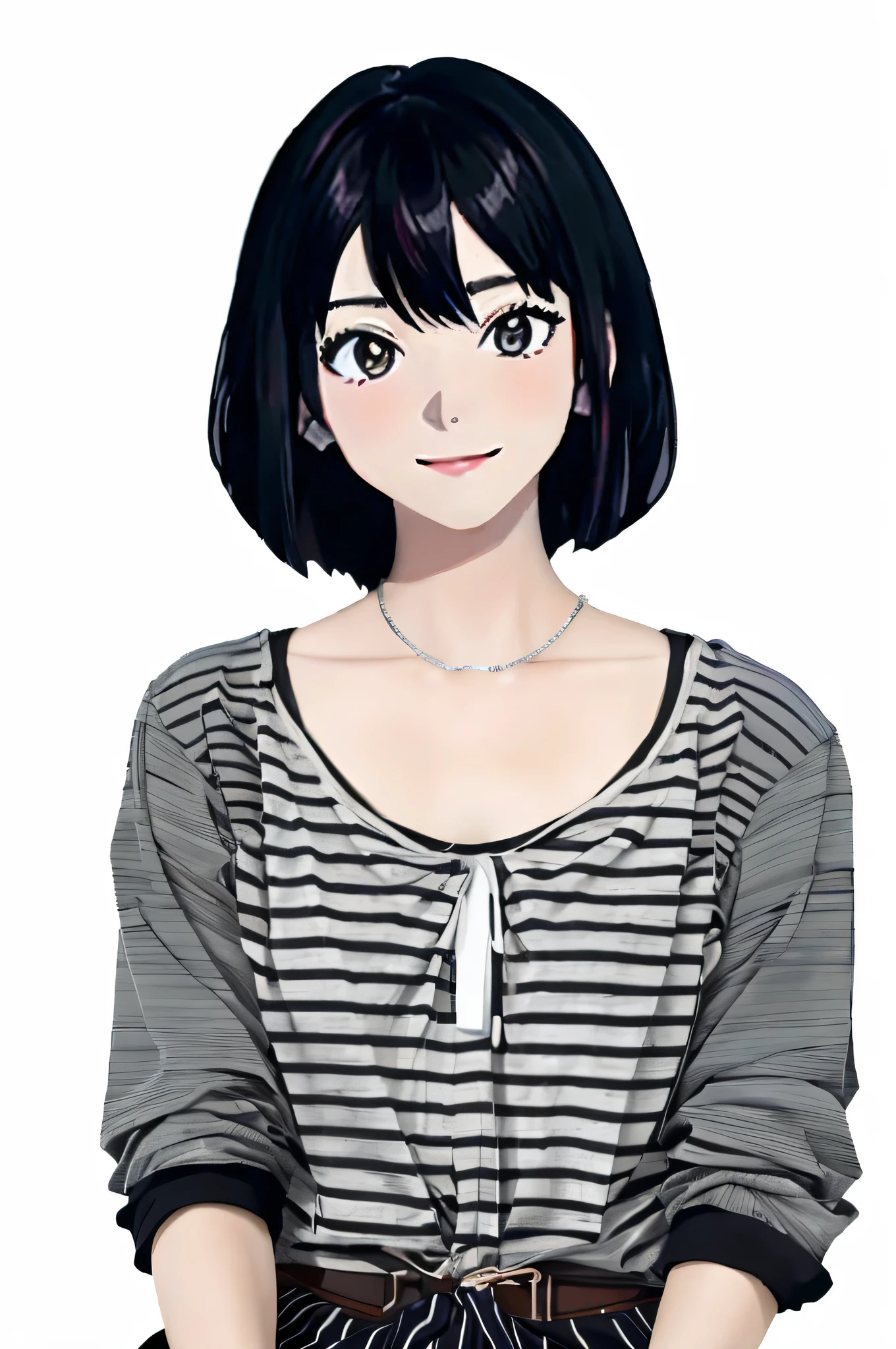 Anime girl with black hair and a striped shirt, made with anime painter studio, anime style portrait, realistic young anime girl, Portrait Anime Girl, Realistic anime art style, Smooth Anime CG Art, realistic anime 3 d style, charming anime girls, Anime Realism Style, semirealistic anime style, sui ishida with black hair, anime style character, a female anime character