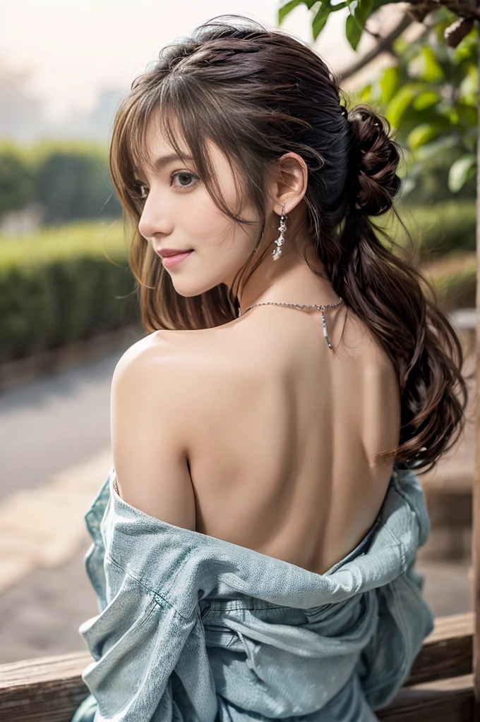 (Photoreal Stick:1.5, masutepiece:1.5, RAW shooting, 8K), (top-quality, masterpiece, 超A high resolution), morning, ((Shoot with blur:1.7)), (fog the lens:1.6), (reflect light onto the lens:1.7), ((sunrises, Sunlight coming in from behind:1.7, morning日の陽光が画面いっぱいに広がる:1.7)), ((morning日の陽光が女性を照らす:1.8)), ((画面全体がmorning日の陽光のせいで白く霞んで見える:1.8)), ((女性はmorning日の陽光でぼんやりして見える:1.9)), Face Sharp Focus:1.3, Professional camera work:1.3, Highly detailed skin and facial texture:1.3, Grow Light Effect, The ultra-detailliert:1.3, 1girl in, Fair skin, (Sense of clarity:1.4, a small face), Extremely beautiful face:1.5, (Sense of clarityを感じる目:0.9, looking distantly), A smile:1.0, i love you completely:0.8, (Slightly open mouth:0.4, Sense of clarityを感じる口当たり:0.7), 二重まぶた, Dark brown medium hair, necklace and earrings, (Japanese silver kimono, off shoulders)