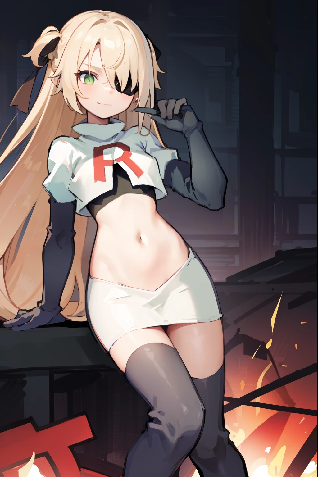 absurdres, fischl (dunkelnacht sakrament) (genshin impact), green eyes, (white pupils:1.2), fischl (genshin impact), medium_breasts, blonde hair, eyepatch, long hair, hair over one eye, bangs, hair ribbon, small breasts, 1girl, team rocket,team rocket uniform,white skirt,red letter R,crop top,black thigh-high boots,black elbow gloves, smile, show teeth