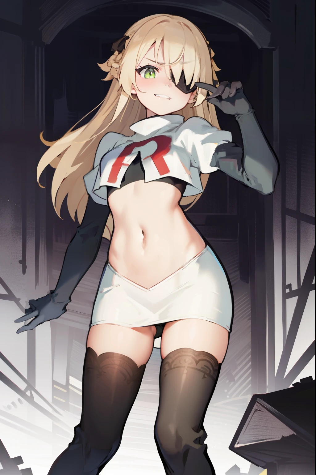 absurdres, fischl (dunkelnacht sakrament) (genshin impact), green eyes, (white pupils:1.2), fischl (genshin impact), medium_breasts, blonde hair, eyepatch, long hair, hair over one eye, bangs, hair ribbon, small breasts, 1girl, team rocket,team rocket uniform,white skirt,red letter R,crop top,black thigh-high boots,black elbow gloves, smile, show teeth