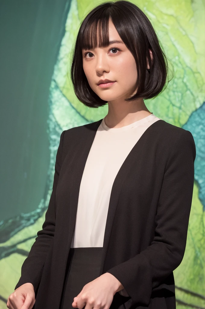 16kAn ultra-high picture quality、(Front focus)、(dark: 1.6)、Hyperrealist female portrait by David Hockney and Alphonse Mucha、Fantasy Art、photoRealstic、Dynamic Lighting、art stations、poster for、Volume Lighting、extra detailed face、16 K、Award-winning、 、女の子1人、darkの中で、deep-shadows、lowkey、cowboy shot、(formal outfit:1.4)、Shortcut hair