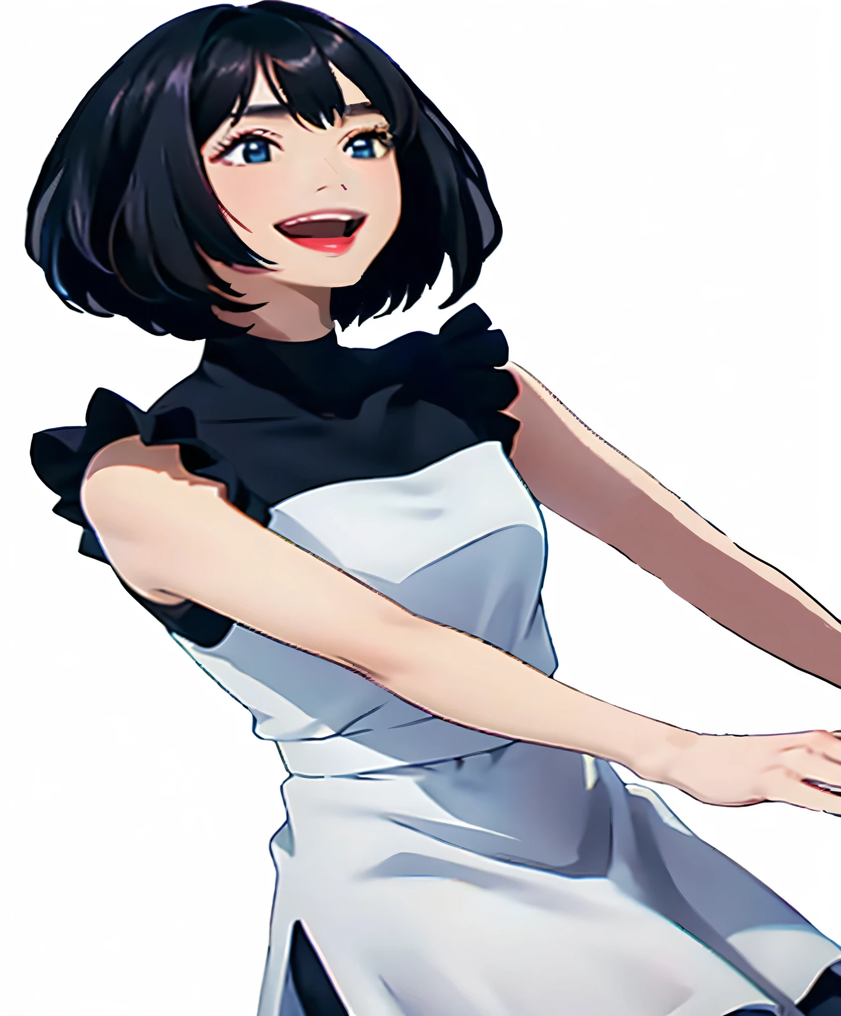 Anime girl in a white and black dress with a tennis racket, Fubuki, Kotegawa Yui, sui ishida with black hair,  in dress, [[[[grinning evily]]]], yandere. tall, mayuri shiina from steins gate, Hinata Hyuga, Official art, anime moe art style