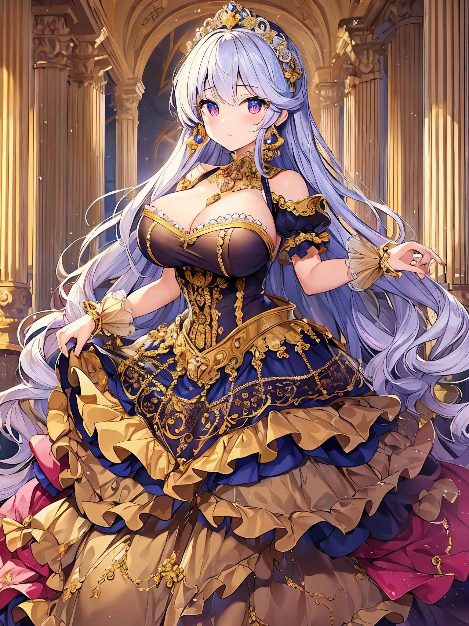 (anime artstyle),Masterpiece,Best Quality,Super Detail,Very Delicate and Beautiful,(((Solo))),((full body)),(((one mature princess in gorgeous princess rococo ball gown with voluminous hoop skirt))),((crinoline)),Long train,(((gigantic boobs))),Skindentation,cleavage,((gorgeous rococo ballgown with beautiful embroidery and jeweled)),beautiful embroidery and jeweled gorgeous rococo ballgown with many ruffles,gorgeous rococo ballgown with big bows,gorgeous rococo ballgown with big bows,(gorgeousfull embroidery and lace),detailed face and eyes,jewel-like eyes,((extremely voluminous straight Hair,Very Long Straight Hair)),gorgeousfull hair ornament,(gorgeousfull jeweled tiara),Looking at viewer,((gorgeous princess rococo ball gown with voluminous hoop skirt)),full body,