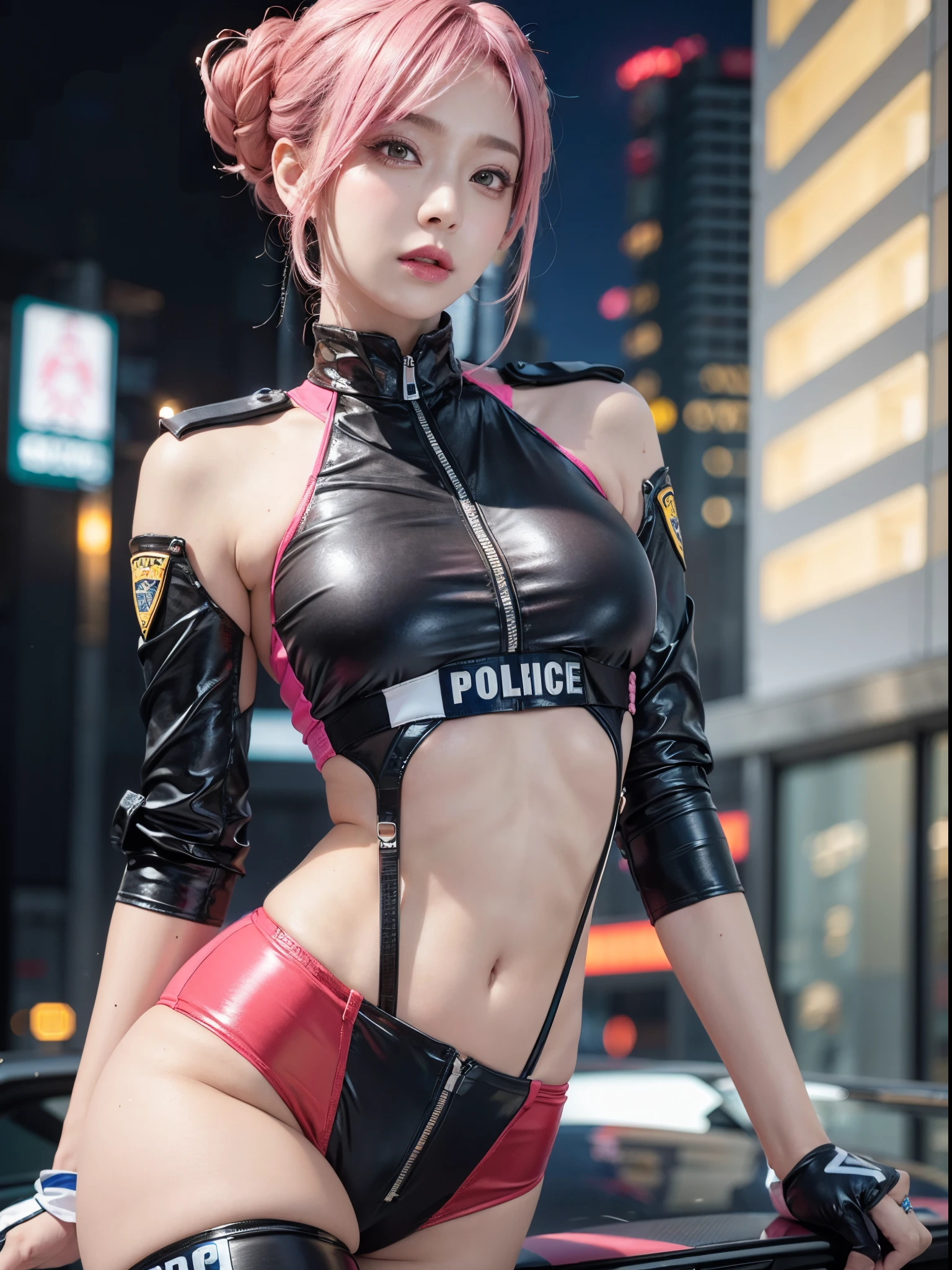 Top Quality, Ultra High Definition, (Photorealistic: 1.4), (Pink updo Hair: 1.3), 1 Girl, (Kpop Idol), Watch Audience, Detailed Face, Contrapposto, , Perfect Anatomy, Cityscape, Professional Lighting, Futuristic Fashion, Police costume like Streetwear, High-tech Fabric, Racing Suit, elbow and knee pads, racing gloves, Police uniform, sports cop car background, pits, skinny miniskirts, POLICE, pink hair,