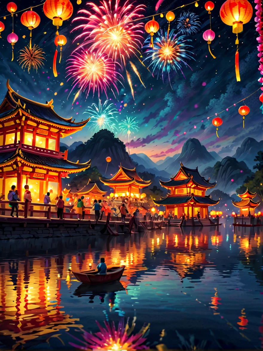 Beautiful town celebrates New Year's Day New Year's countdown,new year 2024,Colorful lanterns and decorations,children playing and dancing,Huge countdown clock with gorgeous patternireworks in the night sky,Performer juggling ribbons,Colorful lanterns and decorations,Performer juggling colorful ribbons,Gorgeous temple,Incense,offering offerings,People make wishes and pray,Calm lake lit with candleeautiful reflection of fireworks and lanterns,a joyful atmosphere,(best qualtiy,8k,A high resolution,tmasterpiece,ultra - detailed,UHD,hyperdetailed painting,Sharp focus,physically-based renderingt,extreme detail description,professinal,vivd colour,bokeh)