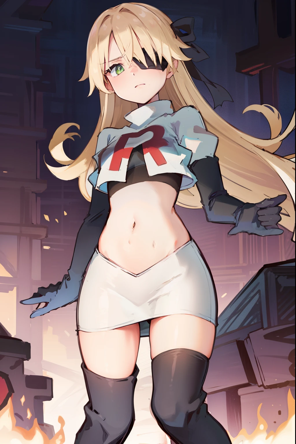 absurdres, fischl (dunkelnacht sakrament) (genshin impact), green eyes, (white pupils:1.2), fischl (genshin impact), medium_breasts, blonde hair, eyepatch, long hair, hair over one eye, bangs, hair ribbon, small breasts, 1girl, team rocket,team rocket uniform,white skirt,red letter R,crop top,black thigh-high boots,black elbow gloves,