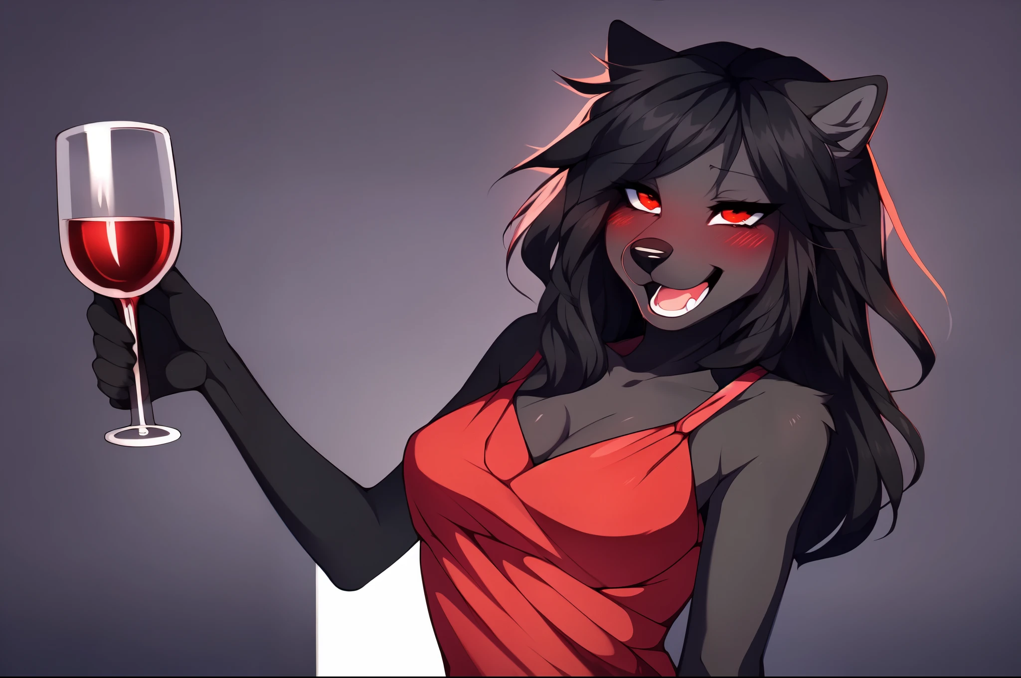 Natasha, solo:1.3, dark grey wolf, wearing red dress, red eyes, laughing hysterically, goofy face, drunk, mouth wide open, blushing, holding a single glass of wine, eyes wide open, wide eyed, very small pupils, small irises, hunched over, cell shading, no background, by fumiko, by hyattlen, by hioshiru