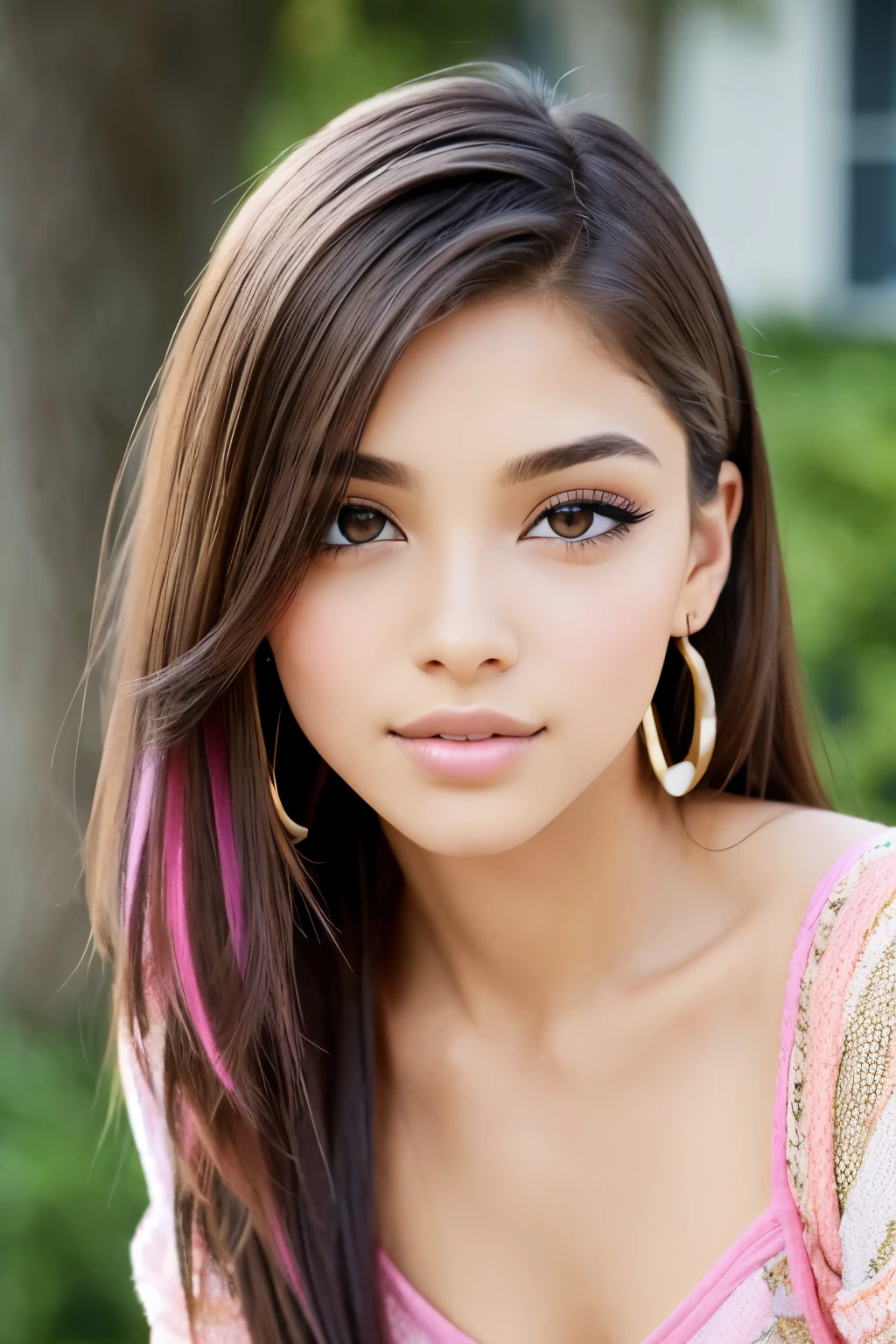 a beauty girl, brown_eyeeautiful slim teenage girl 18 years old, hair color [Brown highlights hair], [Undercut Pixie] hair)), earrings, Lips, Realistic, Narrow waist, Charming, pink Lipstick, colorful makeup, long eyelashes, earrings, wearing eyeliner, Fair skin, (Cute), (Detailed face), Detailed eyes, Detailed iris,Barefoot girl