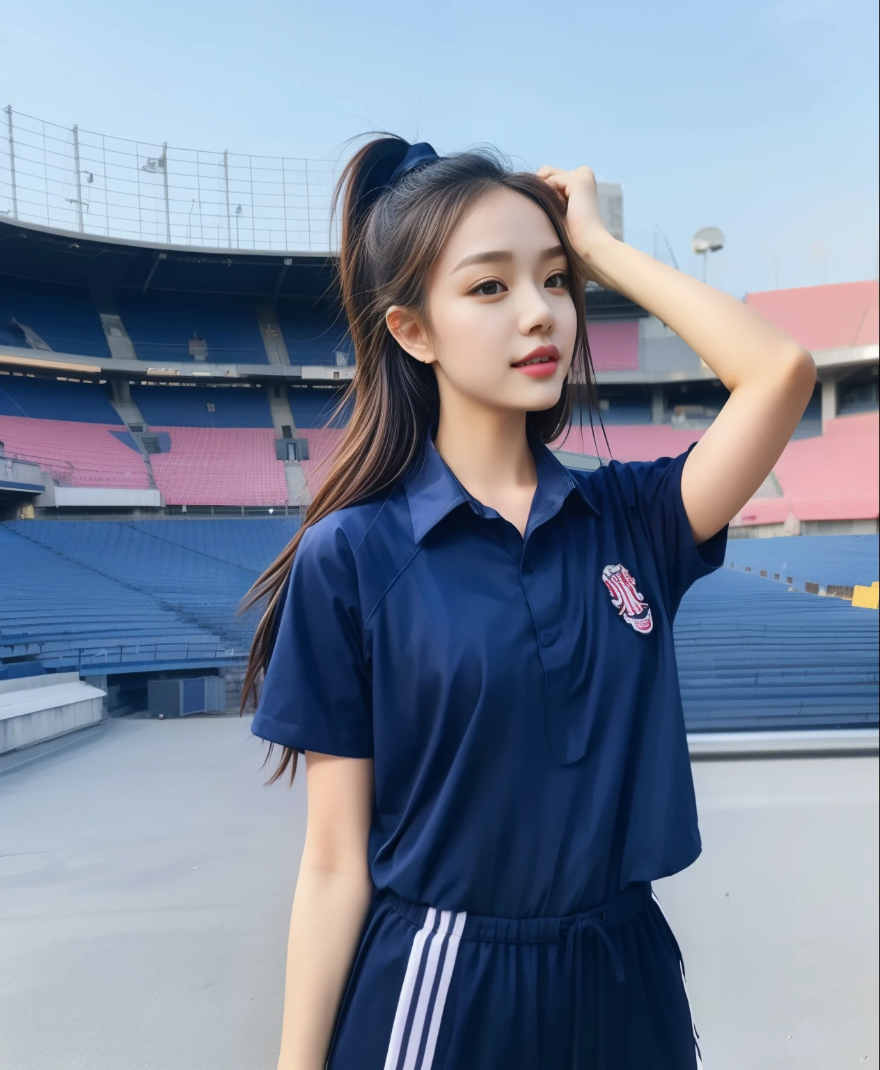 (bestquality,10,10,highres,masterpiece:1.2),ultra-detail,(Realistic,ภาพRealistic,photo-realistic:1.37),1 Cute girl in the football field,oily shiny skin,bara,light smile,BDclothelue shirt:1.3)),short sleeves,shirt, trousers.,(navy_long_ติดตามtrousers:1.1), ((Stadium Background:1.3)),dynamic angle,excited,face focus,Dynamic Poses,from behide,Ass Focus,masterpiece, bestquality, ultra realistic, hyper-detail, 8k resolution, RAW photo, crisp focus, ((Navy blue shirt:1.1)), short sleeves, เส้นทางlong, Complete bodyแบบ, 2 mature women, 18yo, cinematic light,trousersวอร์มสีน้ําเงิน,Gymware,Correct anatomy,Complete body, Correct body, sharp face, Correct bodyทางกายวิภาค, full entire body, Realistic gestures, long-haired, Realistic poses,Wear long shorts..............................,ช่วงขาlong,Shapely,Sculpting Girl, Slender Figure, mannequin mannequins, Shapely, Beautiful body,trousersวอร์มสีน้ําเงิน, Two girls kissing