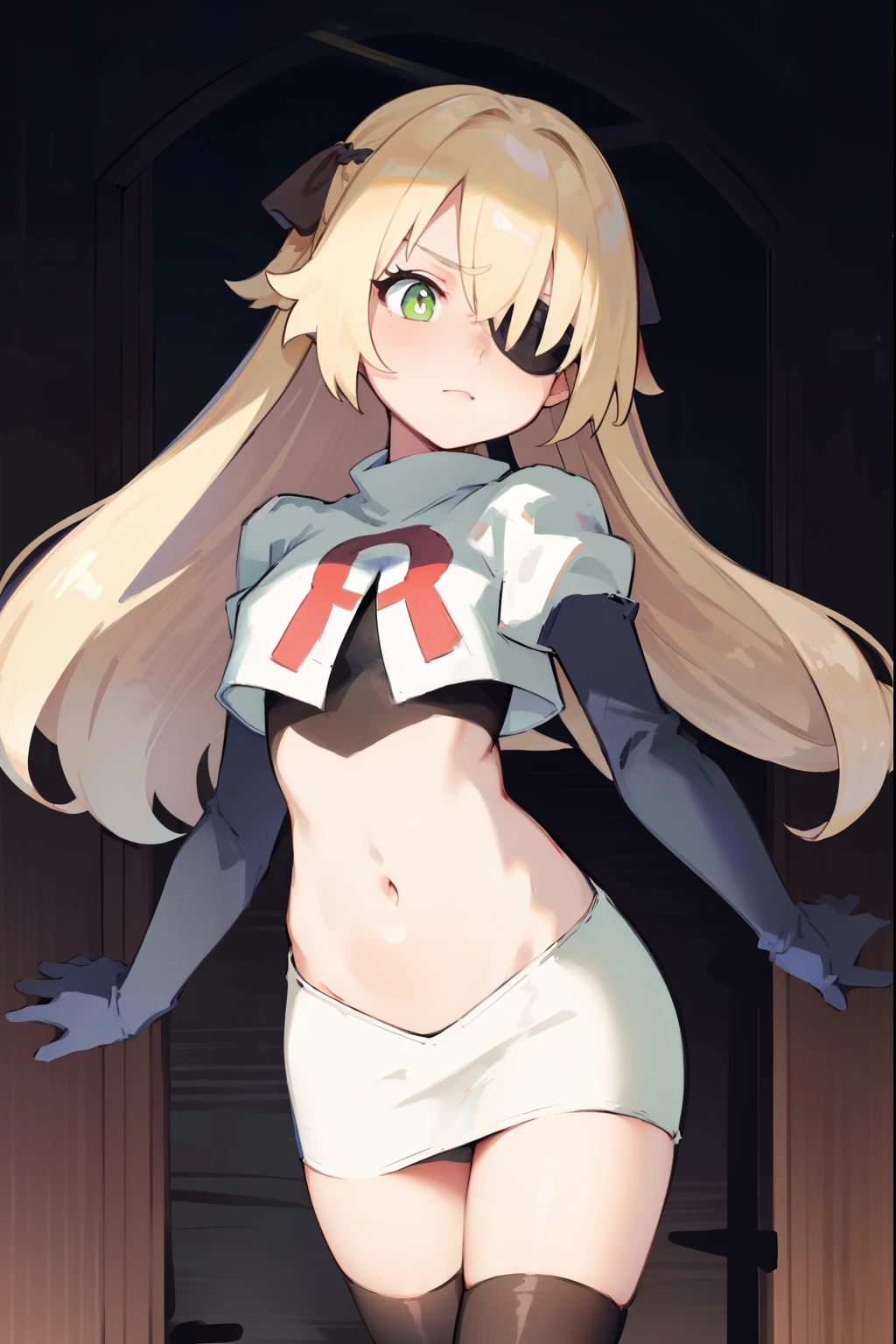 absurdres, fischl (dunkelnacht sakrament) (genshin impact), green eyes, (white pupils:1.2), fischl (genshin impact), medium_breasts, blonde hair, eyepatch, long hair, hair over one eye, bangs, hair ribbon, small breasts, 1girl, team rocket,team rocket uniform,white skirt,red letter R,crop top,black thigh-high boots,black elbow gloves,