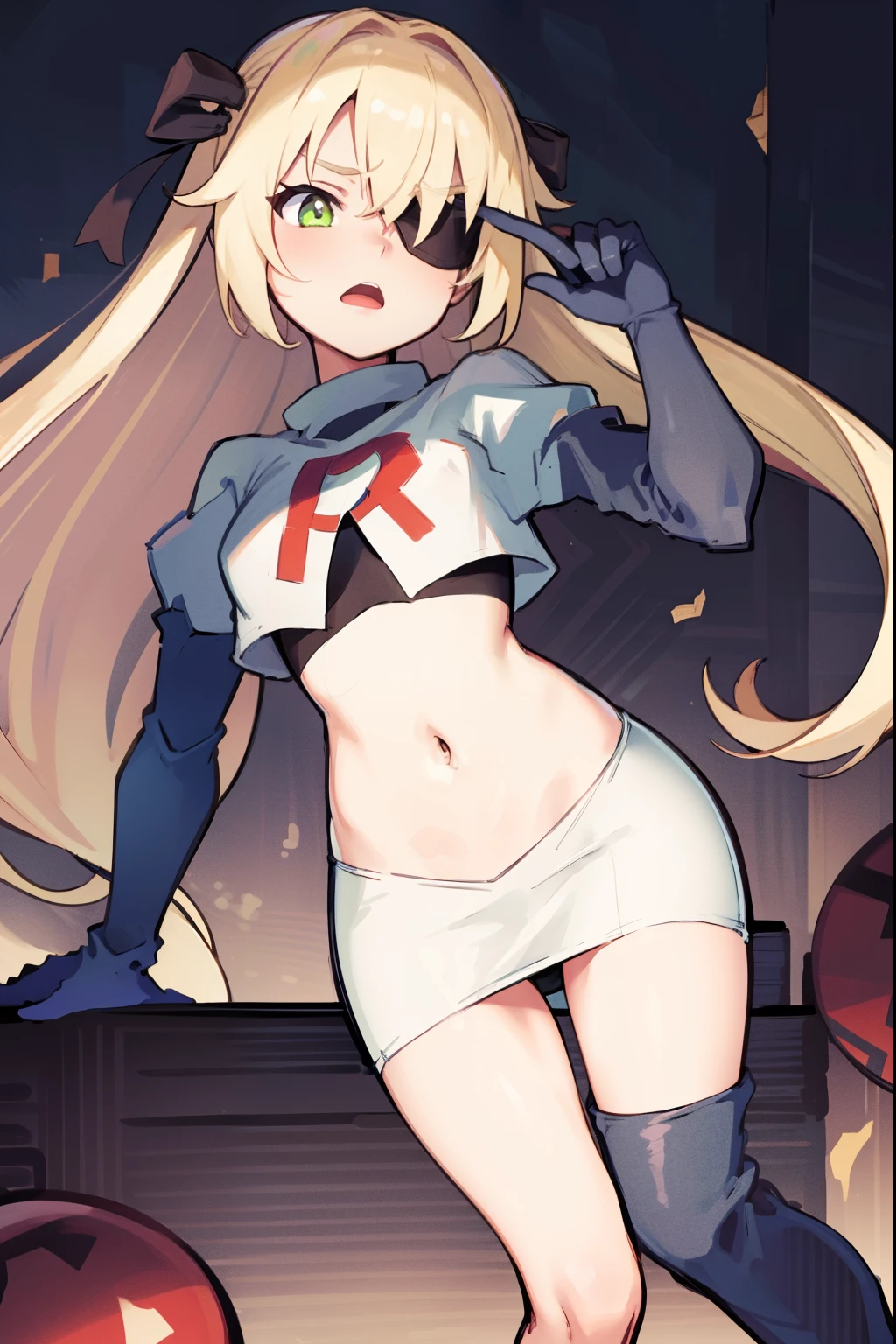 absurdres, fischl (dunkelnacht sakrament) (genshin impact), green eyes, (white pupils:1.2), fischl (genshin impact), medium_breasts, blonde hair, eyepatch, long hair, hair over one eye, bangs, hair ribbon, small breasts, 1girl, team rocket,team rocket uniform,white skirt,red letter R,crop top,black thigh-high boots,black elbow gloves,