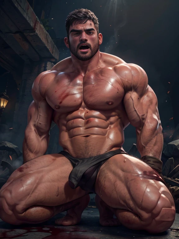 3D Photorealistic, Masterpiece realistic, best high quality, perfect details, RAW Photo, intricate details, nice lighting, 4K, detailed background, (excessive huge muscle:1.5), (huge buff muscle:1.4), (veiny muscle:1.5), victor asimov from powerpunch, hot beard, boxer, looking at viewer, boxing white glove, lightning eyes, unflex abs,bruises, weaken, sweat, blood, steam, red glove, posing, (look at viewer:1.6), huge bulge, beaten down (beaten down: 1.99), (exhausted:1.9, sweat:1.9, bruised:1.9, blood:1.9, weaken:1.9), , details physic muscle, (hard breathing:1.9), mouth open (mouth open:1.6), blood and saliva cover mouth (blood and sailva cover mouth: 1.5). high details facial expression, sad., sad, (collapse to knee down:1.6)