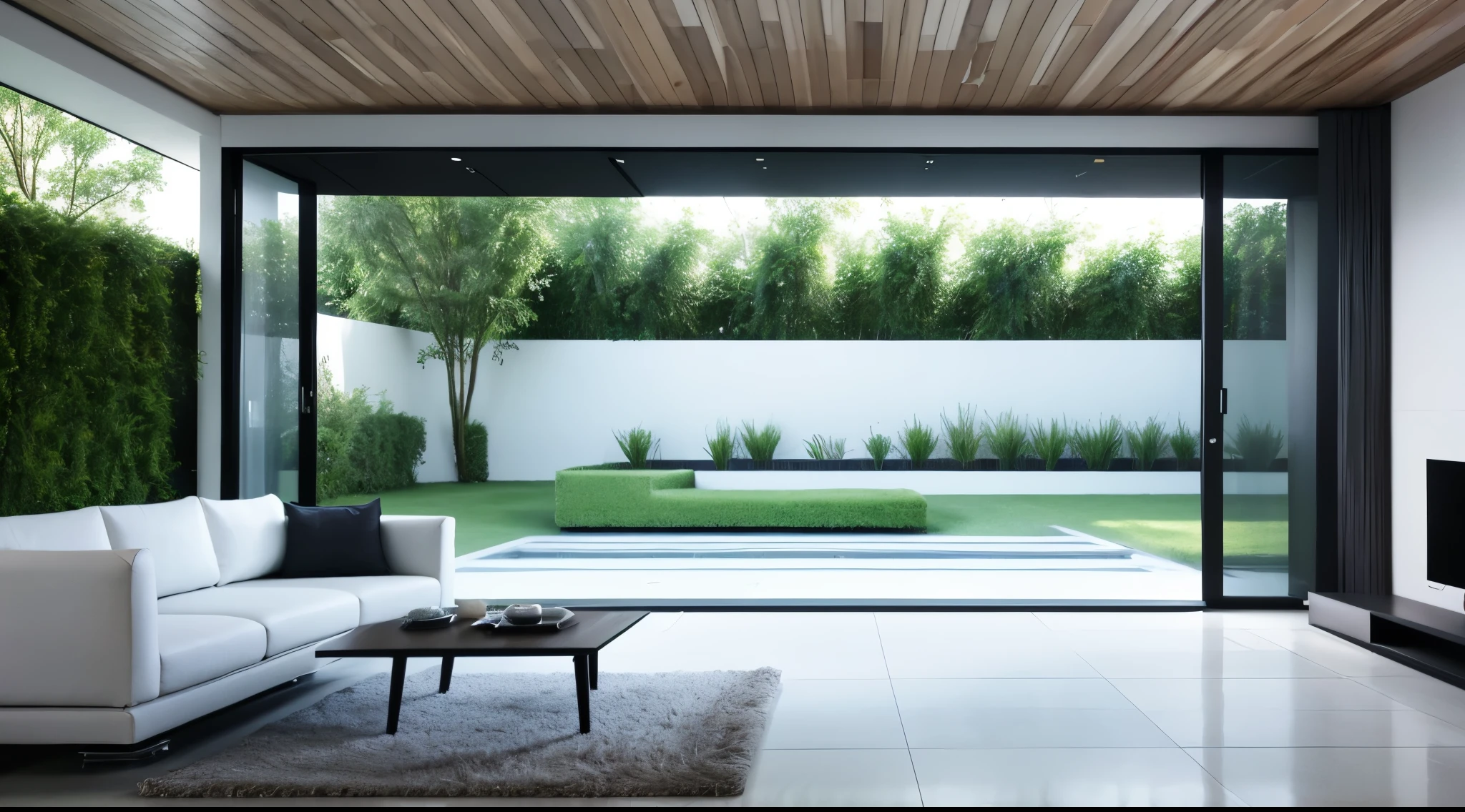 You are a famous interior designer、You have been asked to create a 3D image of a modern large room. Create a harmonious environment with modern and minimalist furniture. Including garden interior.