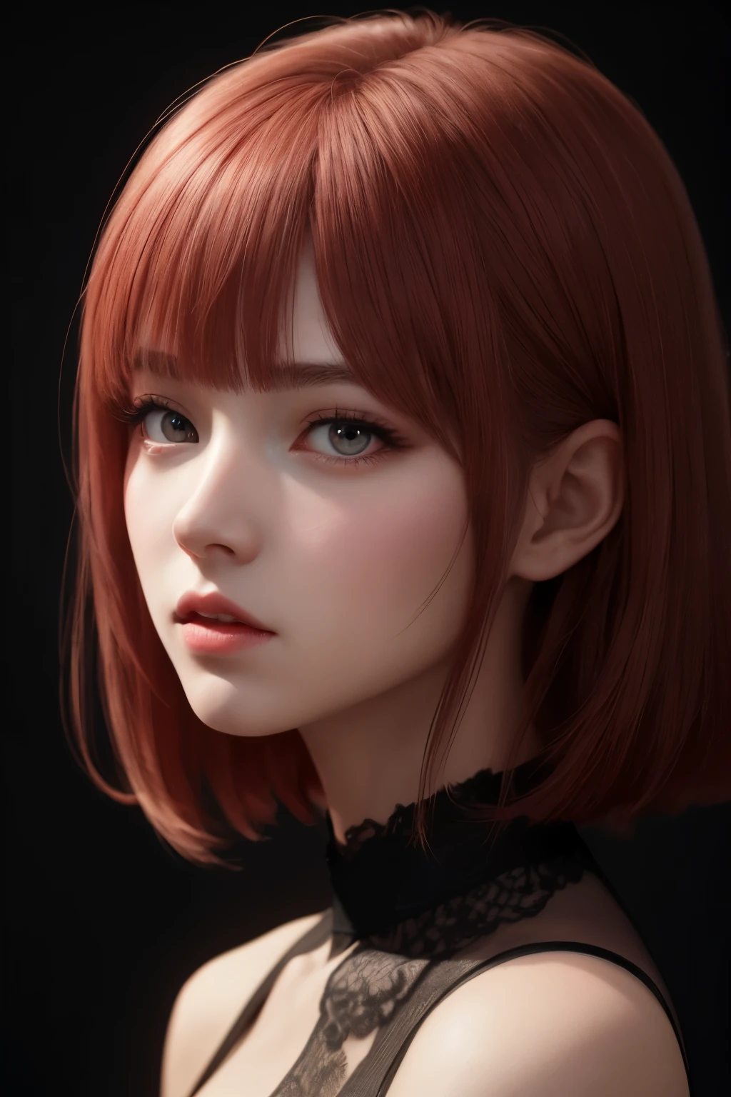 1girl in, star eye, blush, Perfect Illumination, Red hair, Red Eyes, Unreal Engine, side lights, Detailed face, Bangs, bright skin,  Background, dark Background,