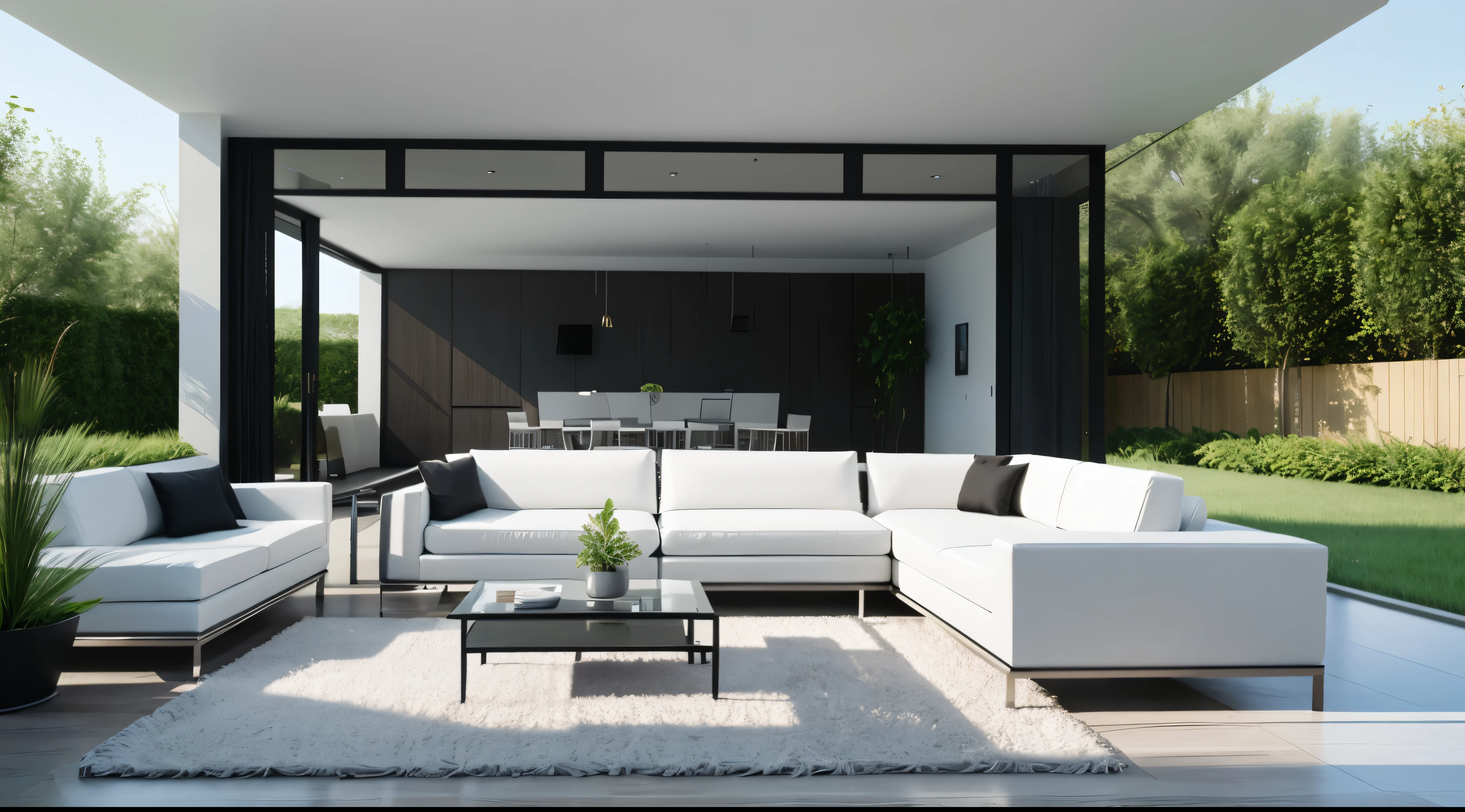 You are a famous interior designer、You have been asked to create a 3D image of a modern large room. Create a harmonious environment with modern and minimalist furniture. Including garden interior.