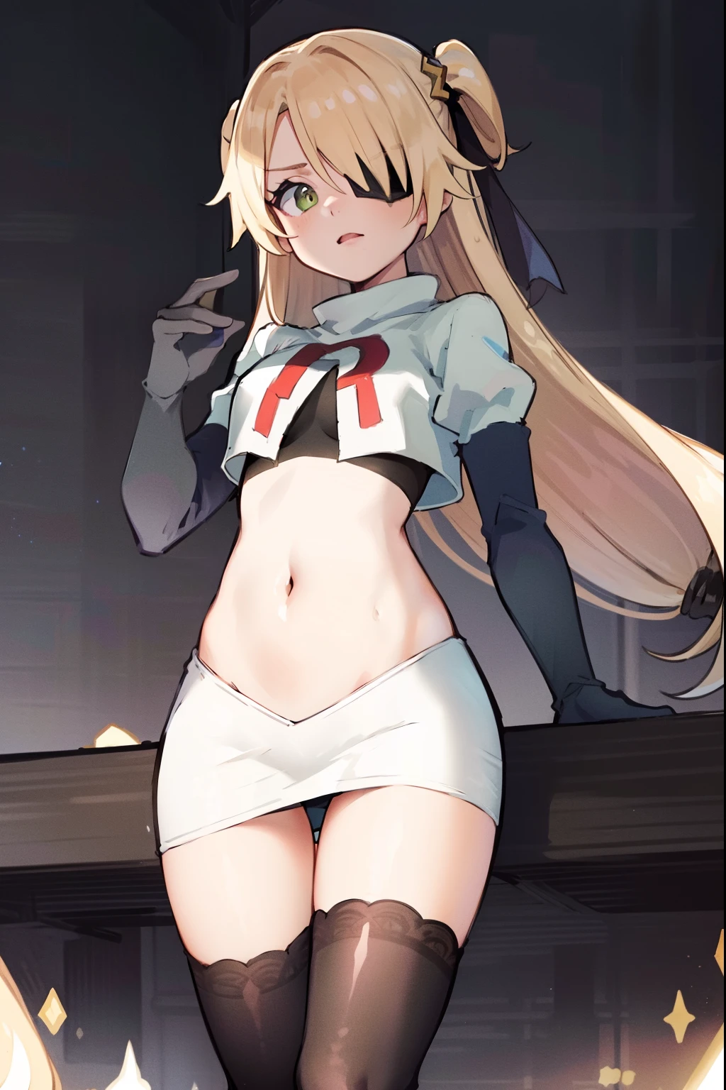 absurdres, fischl (dunkelnacht sakrament) (genshin impact), green eyes, (white pupils:1.2), fischl (genshin impact), medium_breasts, blonde hair, eyepatch, long hair, hair over one eye, bangs, hair ribbon, small breasts, 1girl, team rocket,team rocket uniform,white skirt,red letter R,crop top,black thigh-high boots,black elbow gloves,
