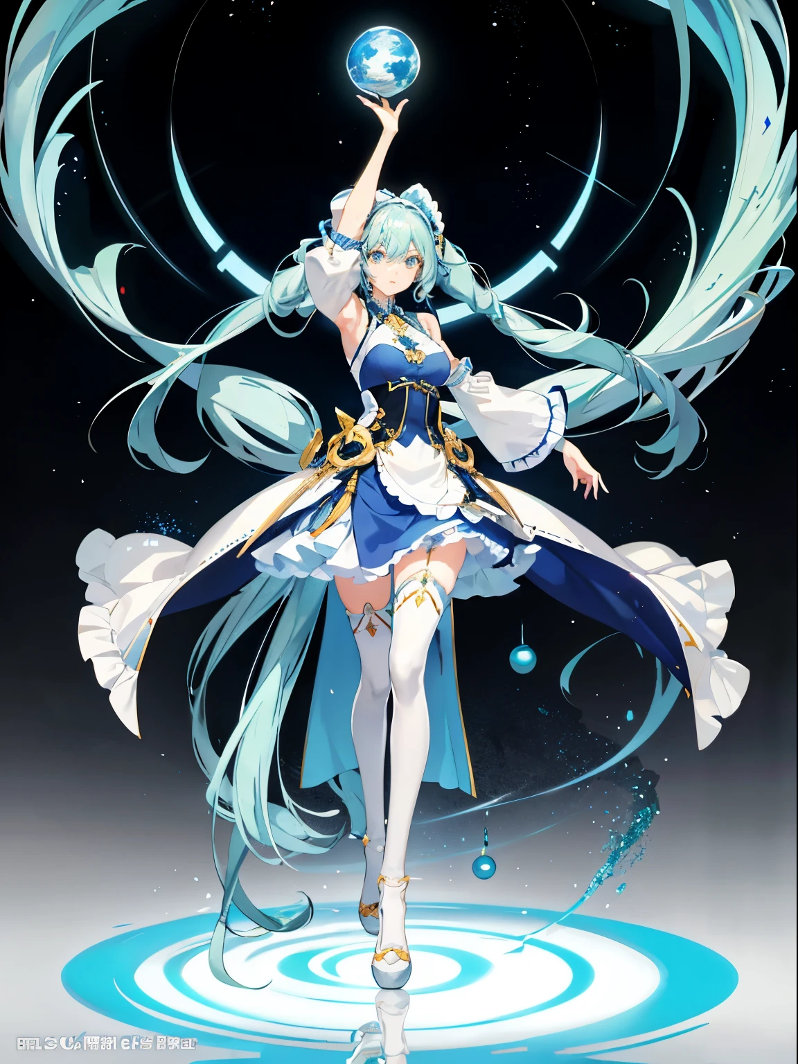 anime， femele， lightblue hair， The eye， long whitr hair， pony tailposed huge cleavages， Maid long dress，longer sleeves，White over-the-knee stockings， One-legged， skinny legs，Stand on one leg，uncovered shoulders， 鎖骨， sitted， Arms up， looking at viewert， in building，only one leg，One-legged goddess，Inspired by fictional reasoning