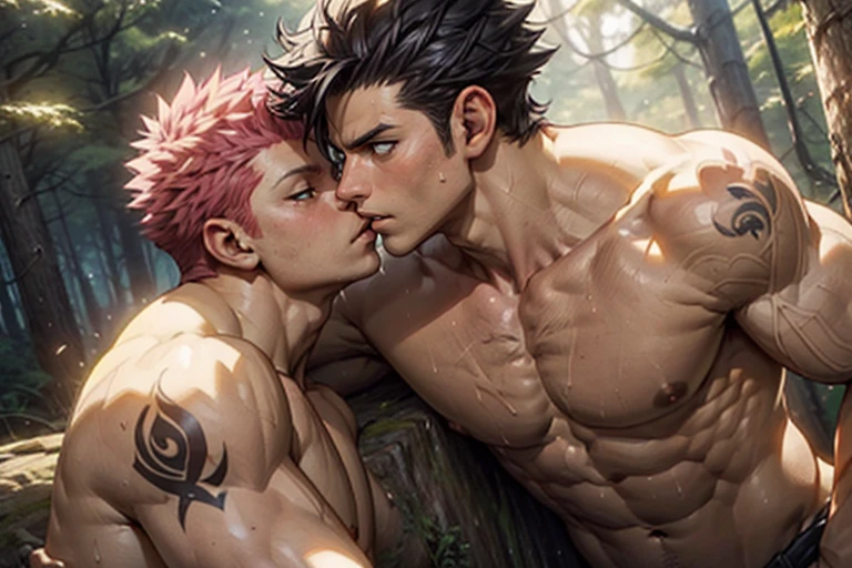 2 boys duo 2men rugged muscular shirtless kissing (naked), Natsu Dragneel and Gray Fullbuster kissing in a forest. Good body proportions, good composition, arms on waist, embrace, good arms good hands, ((distinct arms:1.2)). Tattoos and two penis and two scrotum and rugged. (Masterpiece, HD, 8K, Detailed skin texture, fireflies droplets, particles, change render, artstation, deviantart), (handsome faces, detailed faces)