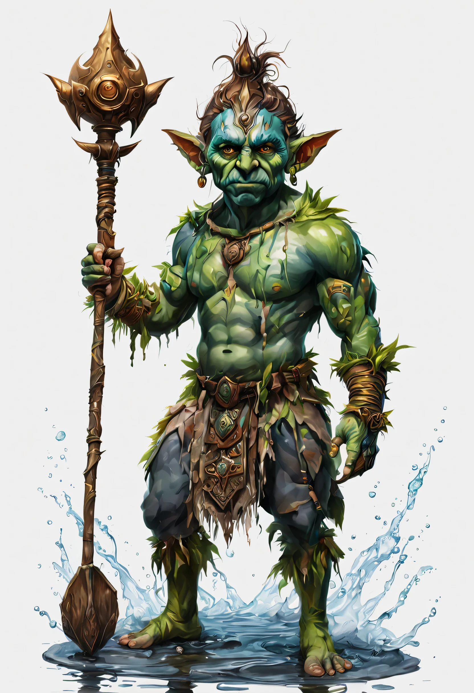 Portrait of a male green skinned short goblin shaman wearing water body paint holding a metal staff, Plano completo (FS), ((cuerpo completo con piernas)), En pie, Mirando directamente, | (fondo blanco:1.2), Fondo simple |, colores apagados, Arte digital, 8K resolution, Calidad Ultra, acuarela, tendencias en Artstation, Detalles intrincados, Altamente detallado, Greg Rutkowski