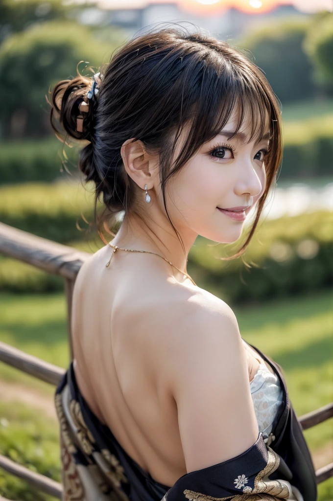 (Photoreal Stick:1.5, masutepiece:1.5, RAW shooting, 8K), (top-quality, masterpiece, 超A high resolution), morning, ((Shoot with blur:1.7)), (fog the lens:1.6), (reflect light onto the lens:1.7), ((sunrises, Sunlight coming in from behind:1.7, morning日の陽光が画面いっぱいに広がる:1.7)), ((morning日の陽光が女性を照らす:1.8)), ((画面全体がmorning日の陽光のせいで白く霞んで見える:1.8)), ((女性はmorning日の陽光でぼんやりして見える:1.9)), Face Sharp Focus:1.3, Professional camera work:1.3, Highly detailed skin and facial texture:1.3, Grow Light Effect, The ultra-detailliert:1.3, 1girl in, Fair skin, (Sense of clarity:1.4, a small face), Extremely beautiful face:1.5, (Sense of clarityを感じる目:0.9, looking distantly), A smile:1.0, i love you completely:0.8, (Slightly open mouth:0.4, Sense of clarityを感じる口当たり:0.7), 二重まぶた, Dark brown medium hair, necklace and earrings, (Japanese silver kimono, off shoulders)