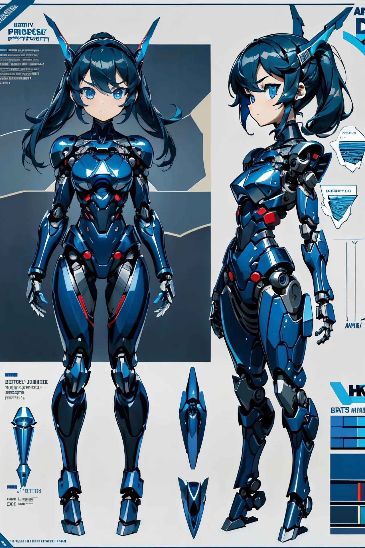 (((masterpiece))), (((Best Quality))), (((high quality))), (((beautiful))), (((8K))), (((highres))), (((absurdres))), (((exquisite))), (((Ultra high definition))), (((High resolution))) loli robot, (toddler:1.4), (Highly detailed and extremely complex mechanics:1.3), (extra large head:1.5), (darkblue hair), (Super long dark blue sideburns), (dark blue long ponytail), (Very small blue eyes:1.4), (Super drooping eyes:1.4), (Highly detailed eye depiction), (overweight), (super short legs), (Streamlined body with navy blue tone), navy blue pilot suit, navy blue tight-fitting clothes, navy blue shoulder cover clothes, navy blue shiny clothes, navy blue tight fit pants, Navy thigh cover pants, (Machine body:1.4), (Mechanical joints:1.4), (An extremely complex machine visible through its joints:1.4), mecha musume, Mechanical parts, Robot joints, Headgear, (Variety of facial expressions:1.4), (Reference Sheet:1.5), (Infographic:1.5)