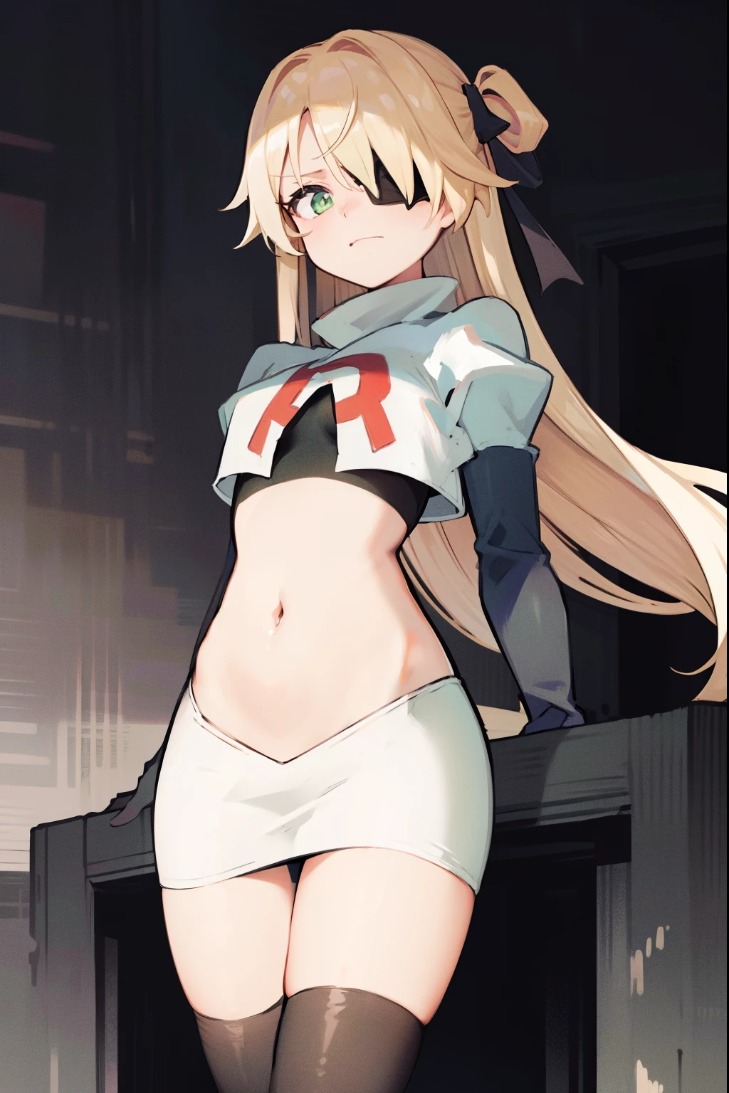 absurdres, fischl (dunkelnacht sakrament) (genshin impact), green eyes, (white pupils:1.2), fischl (genshin impact), medium_breasts, blonde hair, eyepatch, long hair, hair over one eye, bangs, hair ribbon, small breasts, 1girl, team rocket,team rocket uniform,white skirt,red letter R,crop top,black thigh-high boots,black elbow gloves,