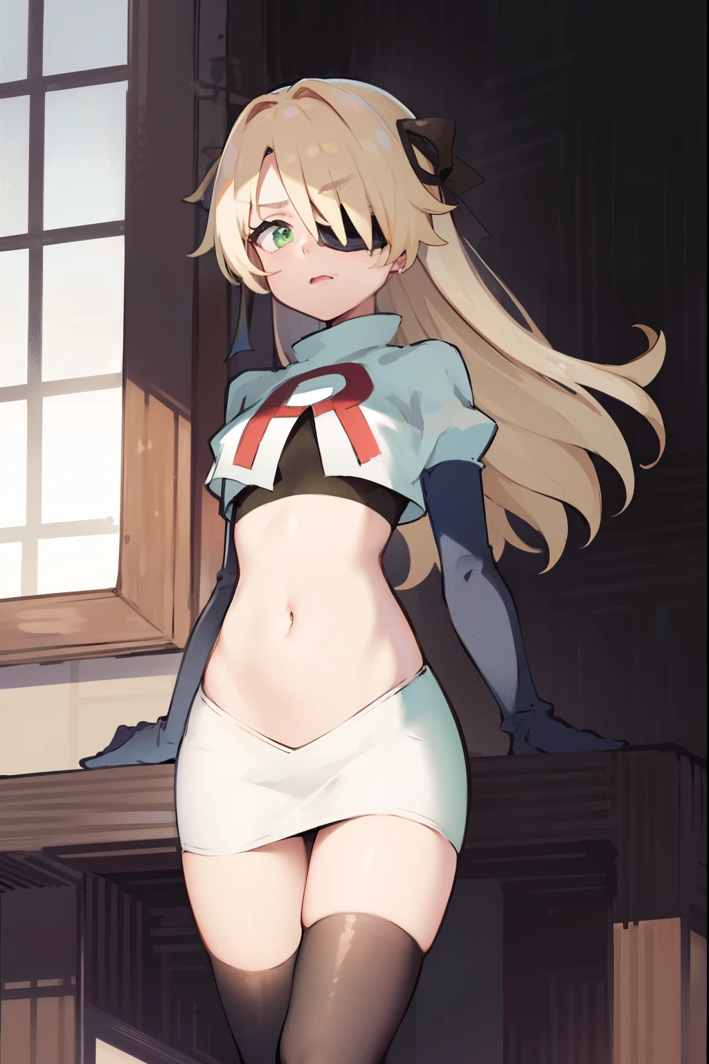 absurdres, fischl (dunkelnacht sakrament) (genshin impact), green eyes, (white pupils:1.2), fischl (genshin impact), medium_breasts, blonde hair, eyepatch, long hair, hair over one eye, bangs, hair ribbon, small breasts, 1girl, team rocket,team rocket uniform,white skirt,red letter R,crop top,black thigh-high boots,black elbow gloves,