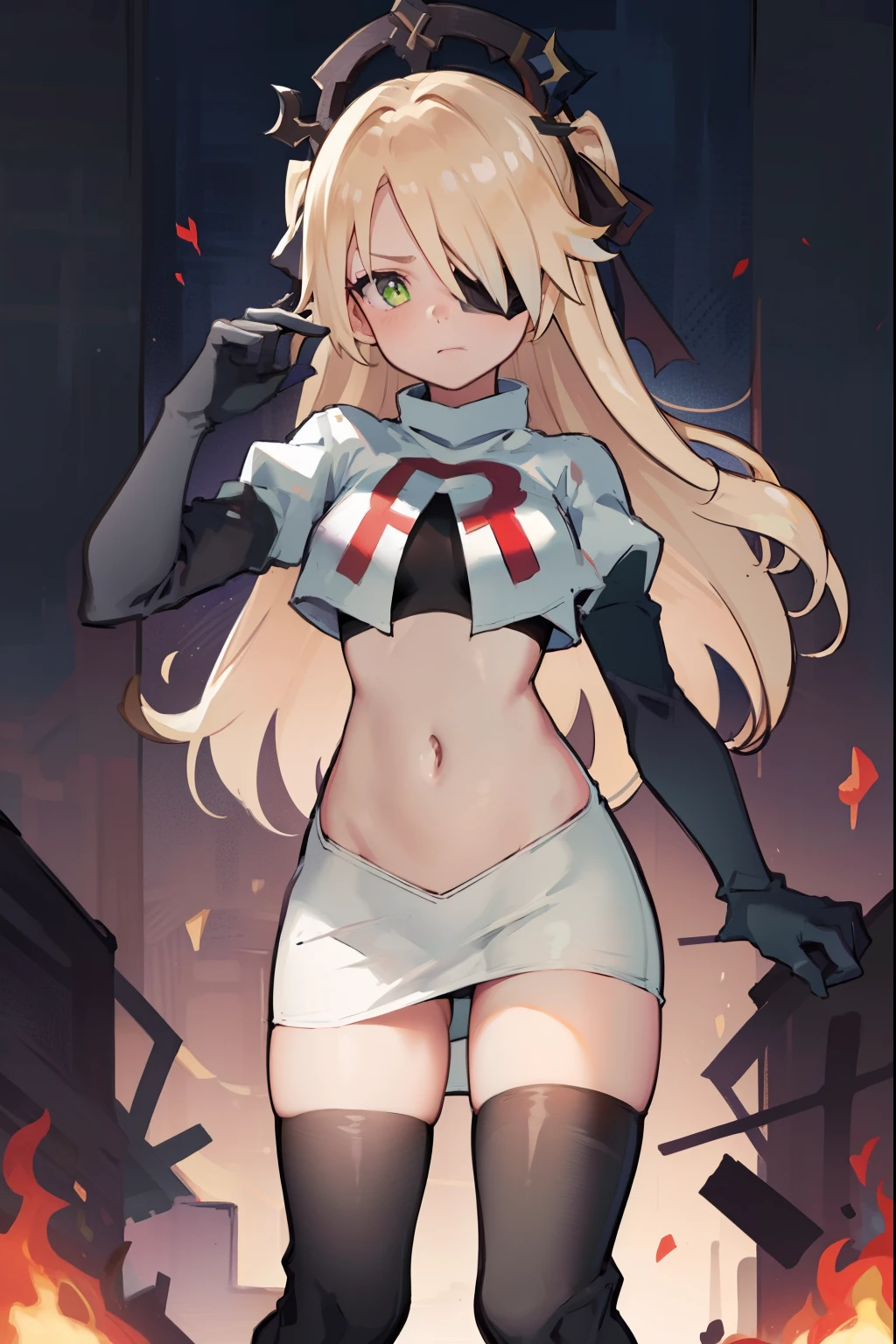 absurdres, fischl (dunkelnacht sakrament) (genshin impact), green eyes, (white pupils:1.2), fischl (genshin impact), medium_breasts, blonde hair, eyepatch, long hair, hair over one eye, bangs, hair ribbon, small breasts, 1girl, team rocket,team rocket uniform,white skirt,red letter R,crop top,black thigh-high boots,black elbow gloves,