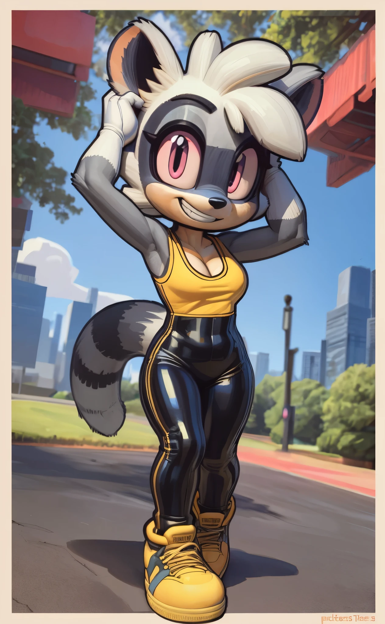 [tangle the lemur], [sonic the hedgehog], [Uploaded to e621.net; (Pixelsketcher), (wamudraws), (napalm_express)], ((masterpiece)), ((HD)), ((solo portrait)), ((front view)), ((full body)), ((detailed fur)), ((detailed shading)), ((cel shading)), ((beautiful render art)), ((intricate details)), {anthro, (slim figure), (grey fur), black nose, animal ears, cute pink eyes, short eyelashes, short hair, hair bang, (long lemur tail), (curvy hips), (beautiful legs), (excited grin)}, {(yellow tank top), (black spandex yoga bodysuit), (cleavage), (leggings), (yellow sneakers), (white gloves)}, {(standing), (hands on head), (looking at viewer)}, [background; (city), (park), (blue sky), (sun rays)]