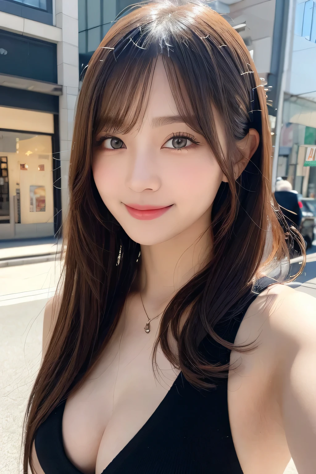 masutepiece, Best Quality, Illustration, Ultra-detailed, finely detail, hight resolution, 8K Wallpaper, Perfect dynamic composition, Beautiful detailed eyes, Trendy Women's Fashion Winter Clothes,Medium Hair,Small breasts natural color lip, Bold sexy poses,Smile,Harajuku、20 years girl、Cute、Sexy shot looking at camera