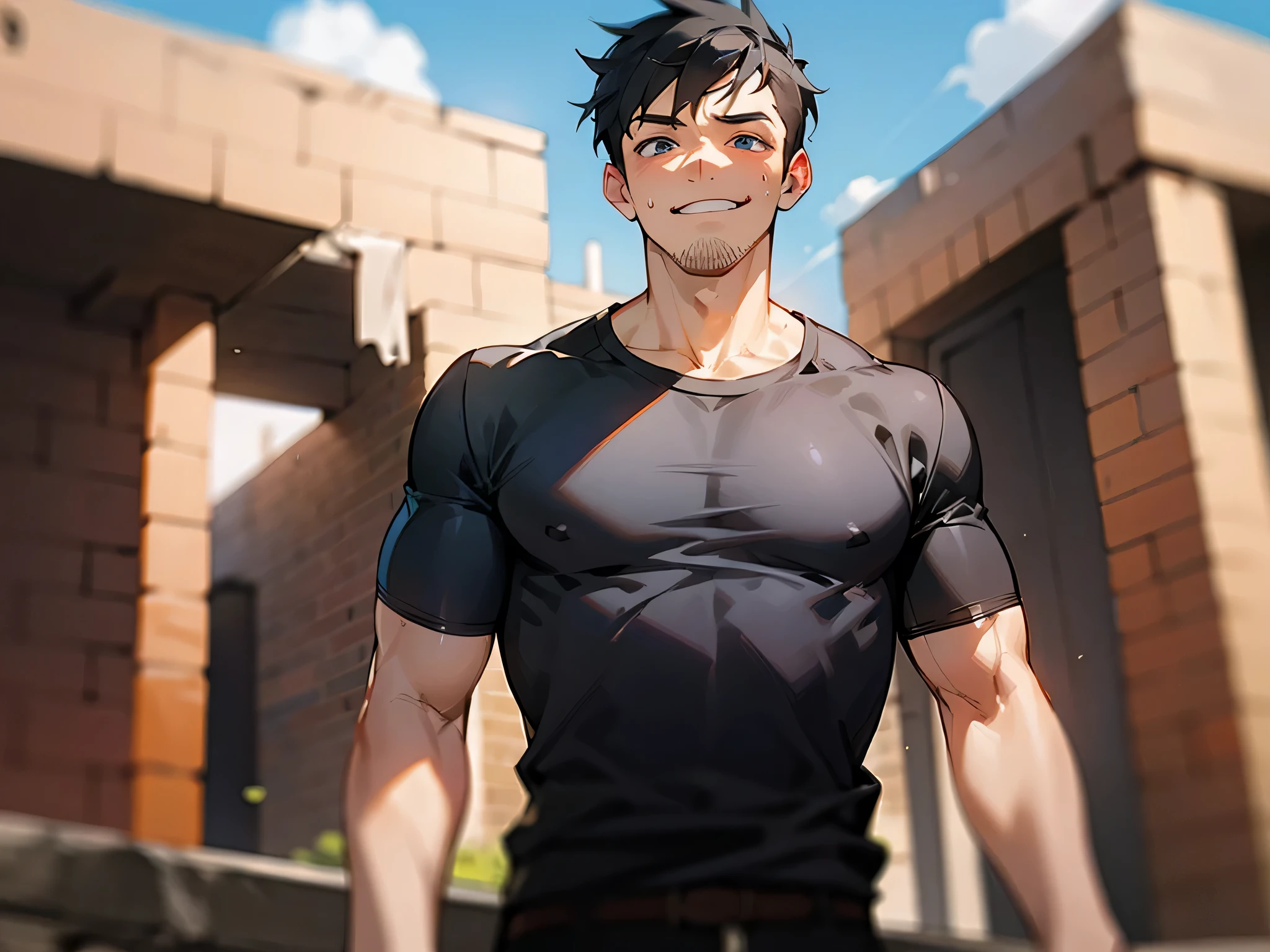 Uncle,upscaled,grinning evily,despise,1 man, Short black hair,Uncle ,Thin macho, Black shirt, standing in the sun, , I have a brick in my hand, Sweat,constructionyardai