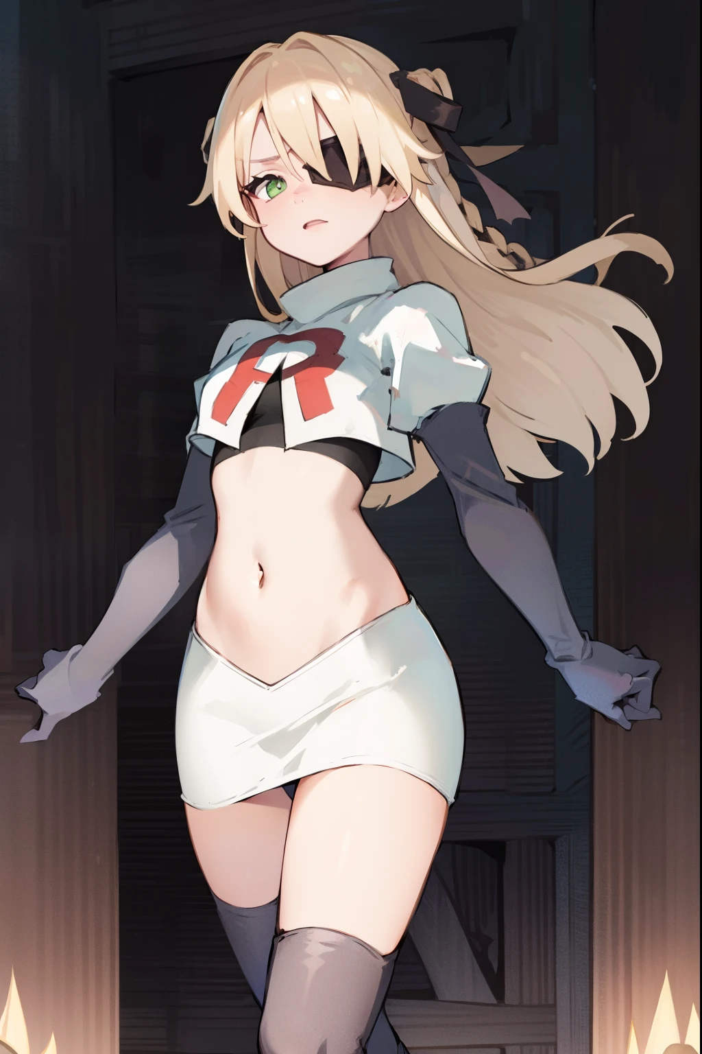 absurdres, fischl (dunkelnacht sakrament) (genshin impact), green eyes, (white pupils:1.2), fischl (genshin impact), medium_breasts, blonde hair, eyepatch, long hair, hair over one eye, bangs, hair ribbon, small breasts, 1girl, team rocket,team rocket uniform,white skirt,red letter R,crop top,black thigh-highs,black elbow gloves, embarrassed, blush