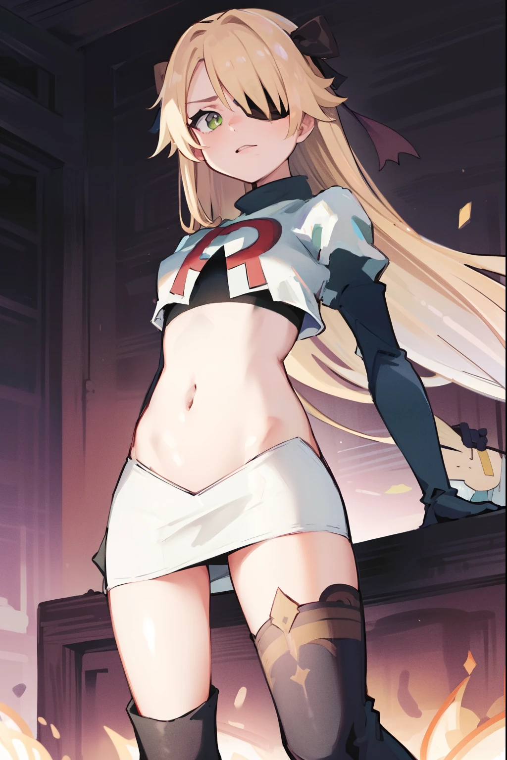 absurdres, fischl (dunkelnacht sakrament) (genshin impact), green eyes, (white pupils:1.2), fischl (genshin impact), medium_breasts, blonde hair, eyepatch, long hair, hair over one eye, bangs, hair ribbon, small breasts, 1girl, team rocket,team rocket uniform,white skirt,red letter R,crop top,black thigh-high boots,black elbow gloves,
