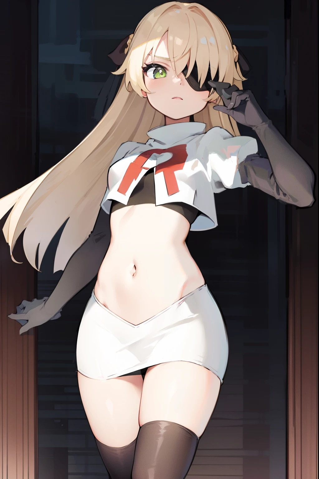 absurdres, fischl (dunkelnacht sakrament) (genshin impact), green eyes, (white pupils:1.2), fischl (genshin impact), medium_breasts, blonde hair, eyepatch, long hair, hair over one eye, bangs, hair ribbon, small breasts, 1girl, team rocket,team rocket uniform,white skirt,red letter R,crop top,black thigh-high boots,black elbow gloves,