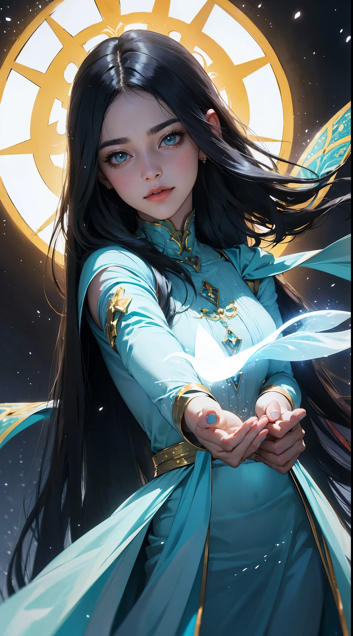 Retrato 8k de um belo ciborgue com cabelo castanho, intrincado, elegante, altamente detalhado, majestoso, fotografia digital, arte de artgerm e ruan jia e greg rutkowski pintura surreal de borboleta dourada filigrana, vidro quebrado (obra-prima, side-lighting, belos olhos finamente detalhados: 1.2 ), hdr, uma mulher andando um lugar escuro em volta de flocos de Neve cintilantes e pequenas pontos de luz arrodeando, seus cabelos preto voando com o vento, os olhos verde brilhante olhando para tulipas vermelho com borboleta cintilantes a sua volta, mulher de cabelo preto, mulher em um lugar escuro cheia de pontinhos de luz e flocos de Neve cintilantes, borboletas cintilantes, mulher de cabelo preto, pontinhos de luz em volta da mulher, magical aura, olhos verdes, aura Sobrenatural, super magical aura black hair woman