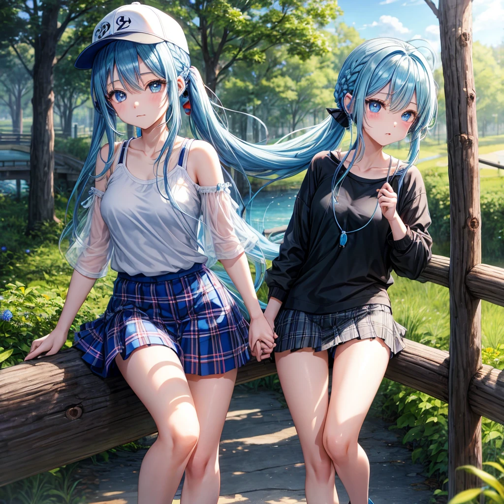 Blue hair、blue eyess、Braids、poneyTail、one good looking girl、独奏、animesque、Plaid miniskirt、Black T-shirt、camisole、the woods、Wearing a plaid baseball cap、bare-legged、Tilting your face、Walking、log bridge、Doing the ribbon、have a twig、falls、Blue Topaz、Sunset sky、Wearing headphones、spirals、s asleep