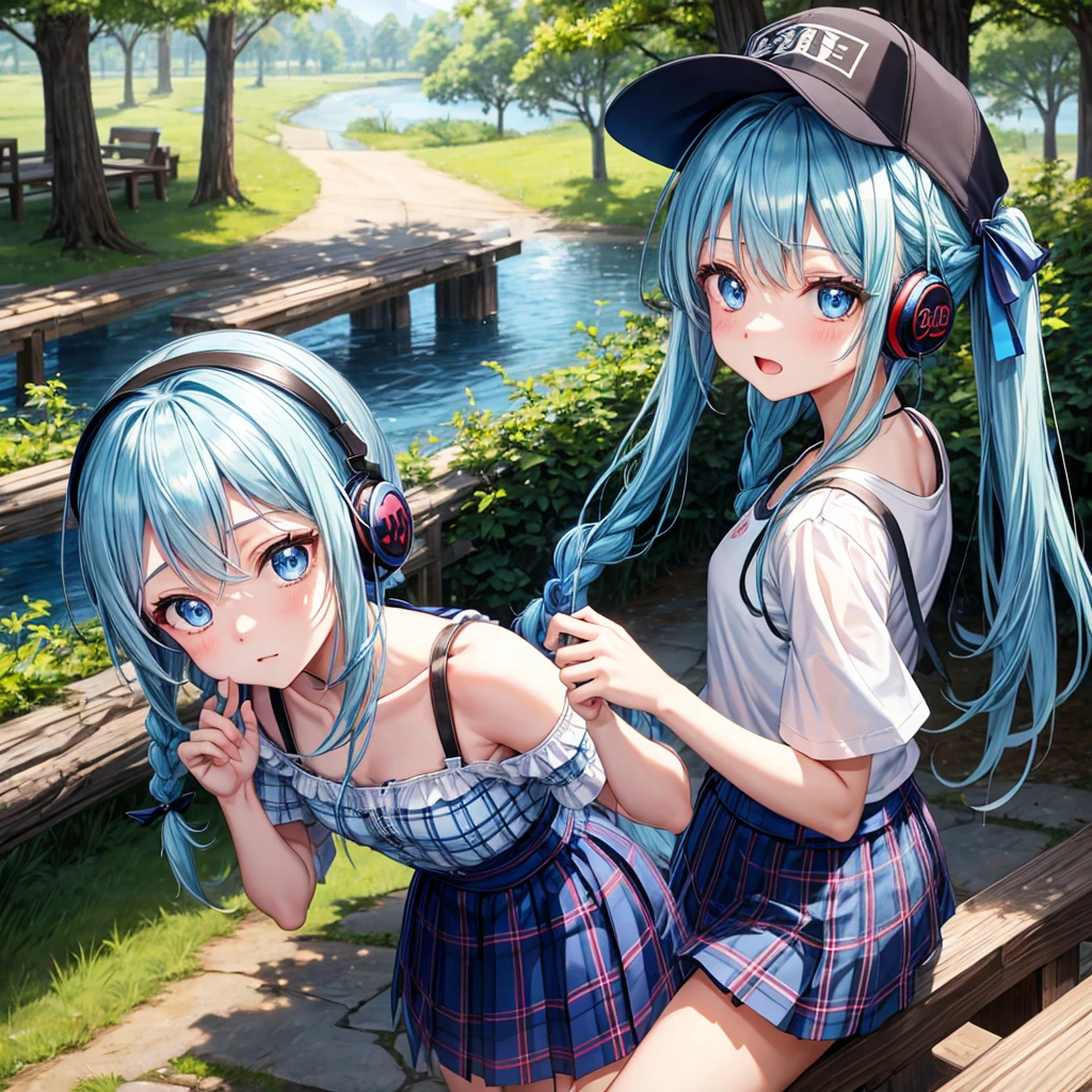 Blue hair、blue eyess、Braids、poneyTail、one good looking girl、独奏、animesque、Plaid miniskirt、Black T-shirt、camisole、the woods、Wearing a plaid baseball cap、bare-legged、Tilting your face、Walking、log bridge、Doing the ribbon、have a twig、falls、Blue Topaz、Sunset sky、Wearing headphones、spirals、s asleep