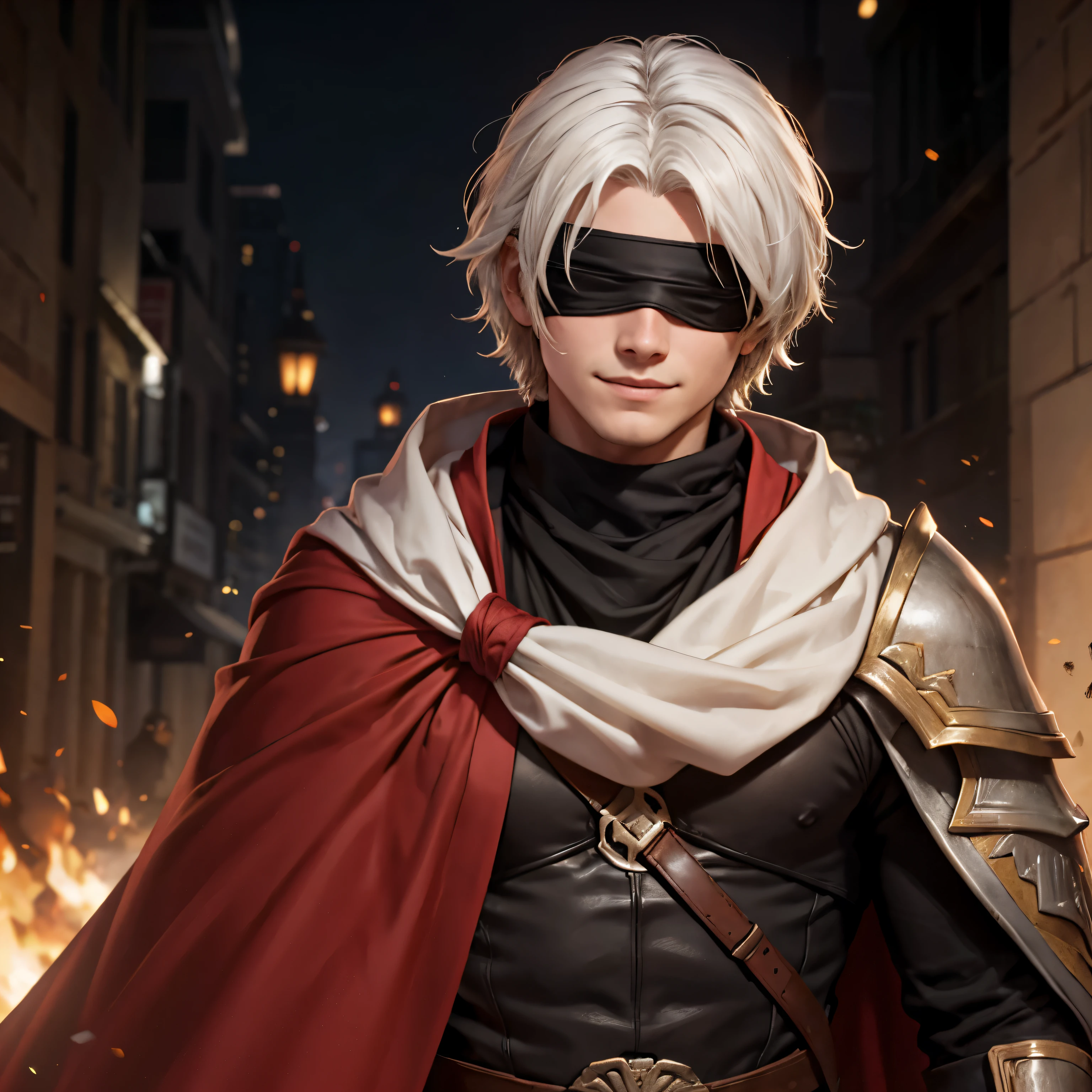 Fair Skin, Black Blindfold, Medium Hair Length, White Hair, Pure Black and Red Islamic Warrior Outfit, Bright Smile, with neck scarf, Male, Robe with Old Cape. Eyes Covered, Black Blindfold. One Person. Single character. One Male. Blind Fold. Covering both eyes