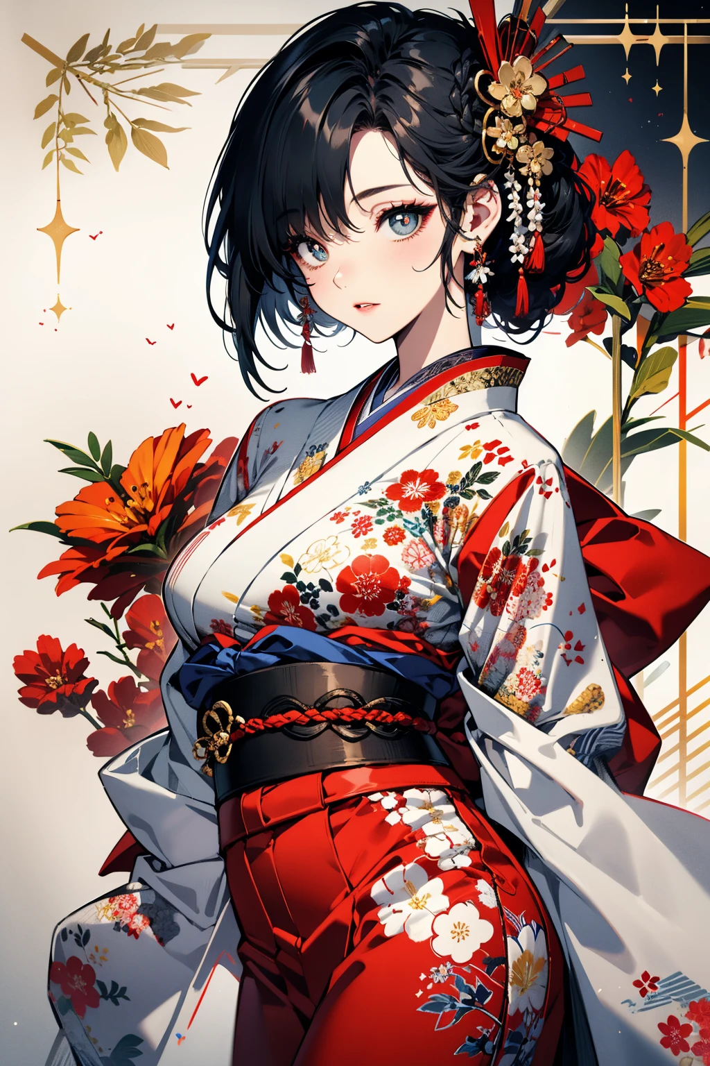 (Masterpiece, best quality), (ultra high resolution, 8K RAW photo, photo realistics, textile shading, thin outline), araffe d woman in a kimono, sitting on a bed with holding a teddy bear, (wearing white silk robes)te hanfu, (wearing japanese kimono:1.2, traditional japanese, japanese clothes), (classy yukata clothing), wearing a haori, (matured womlf:1.5, 28 yeard, solo), (large breast, sagging breas tits, narrow waig ass, dies), (medium hair, hair ovone eye, asymmetric hair, low tied braid), (bright pupils, detailed eyes, high detailed face), eye rush, (dynamic angle, from above), (correct anatomy:1.5, correct hands), (ideal ratio of body proportions),
